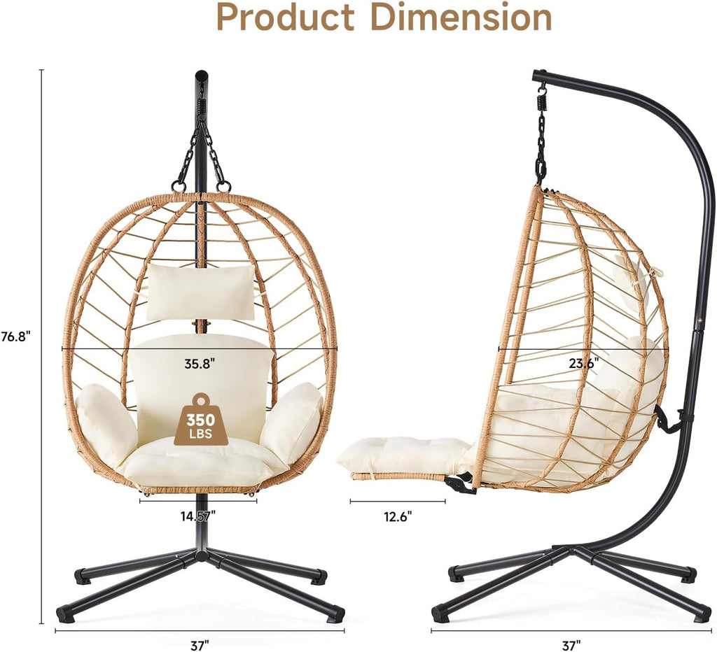 ONBRILL Hanging Egg Chair with Adjustable Footrest & Stand, Wicker Rattan Swing Hammock Chair with Cushion & Double Chains, 350LBS Capacity for Outdoor & Indoor Patio, Deck, Bedroom, Balcony (YE-BE)