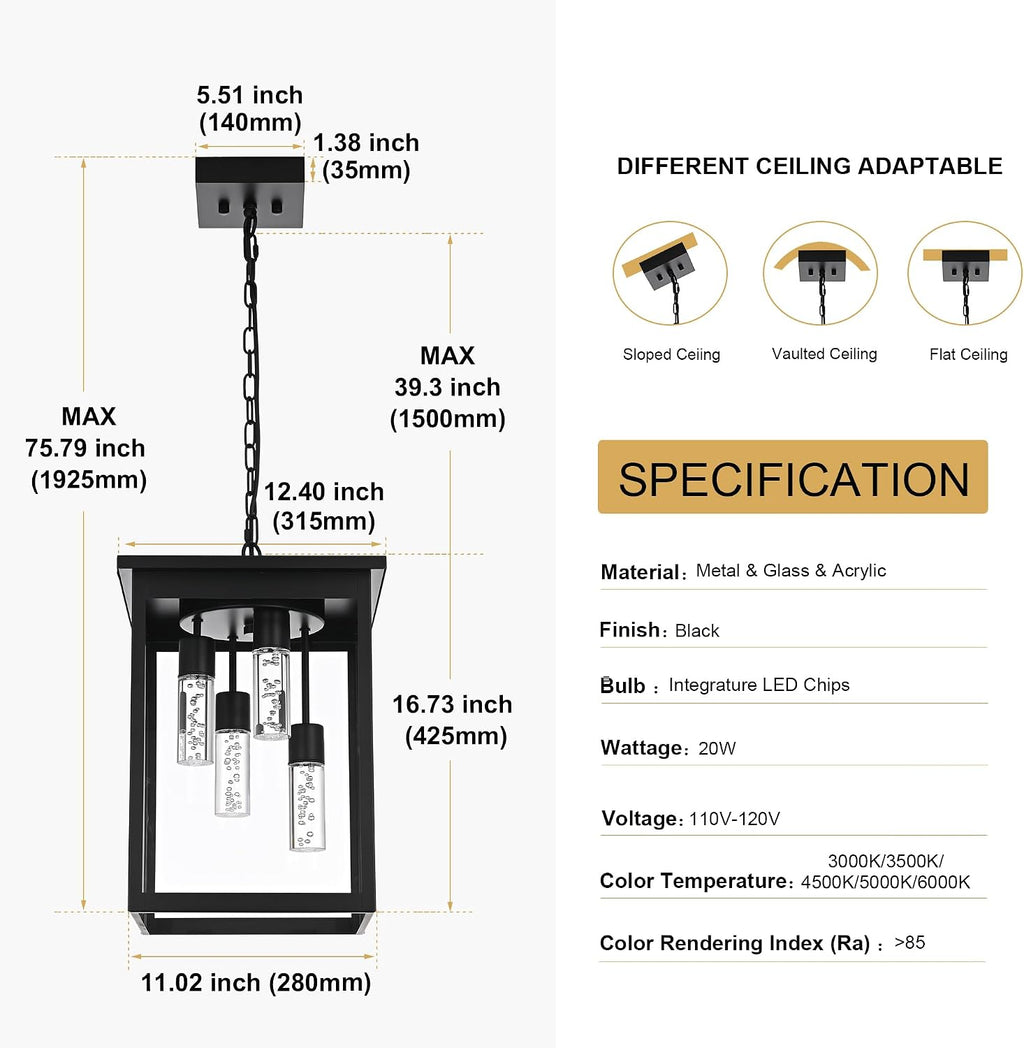 TODOLUZ Large 5CCT LED Outdoor Pendant Light Fixtures, Black Exterior Hanging Lantern Lamp LED Integrated Bulbs Included, Farmhouse Exterior Chandelier Ceiling Mount for Entrance Patio