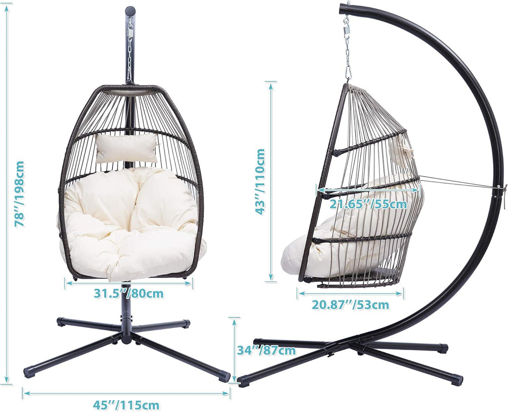 Modern Patio Wicker Folding Hanging Chair,Rattan Swing Hammock Egg Chair with C Type Bracket,with Cushion and Pillow,for Indoor,Outdoor,Beige