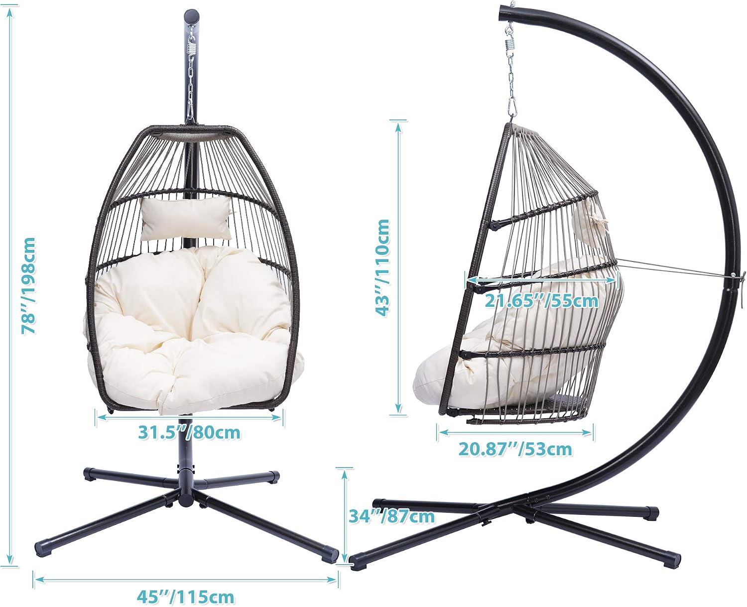 Modern Patio Wicker Folding Hanging Chair,Rattan Swing Hammock Egg Chair with C Type Bracket,with Cushion and Pillow,for Indoor,Outdoor,Beige