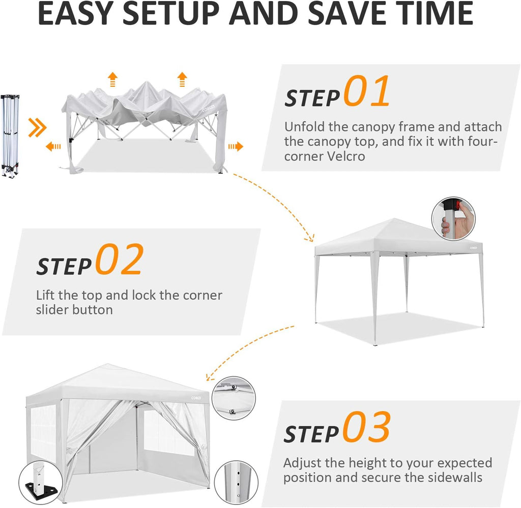 COBIZI 10'x10' Pop Up Canopy Tent Straight Leg Commercial Instant Canopy Pop Up Canopy with Sidewalls Outdoor Sun Shade Event Tent for Camping Garden Party Beach, Canopy Bags x1, (Off White)