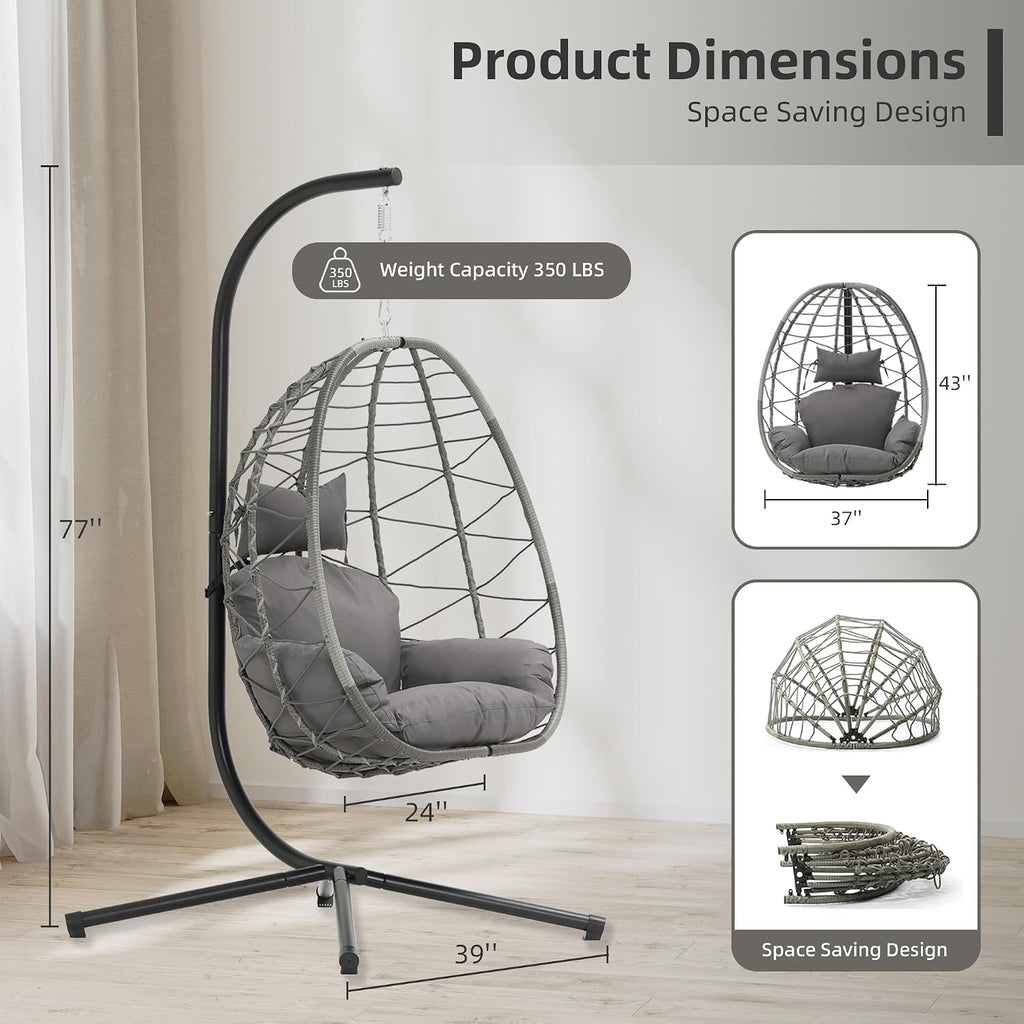 DoubleTT Egg Chair with Stand, Swing Chair Hanging Chair Nest Basket, UV Resistant Removable & Washable Cushions,350LBS Capacity for Bedroom, Balcony, Garden(GR-GR)