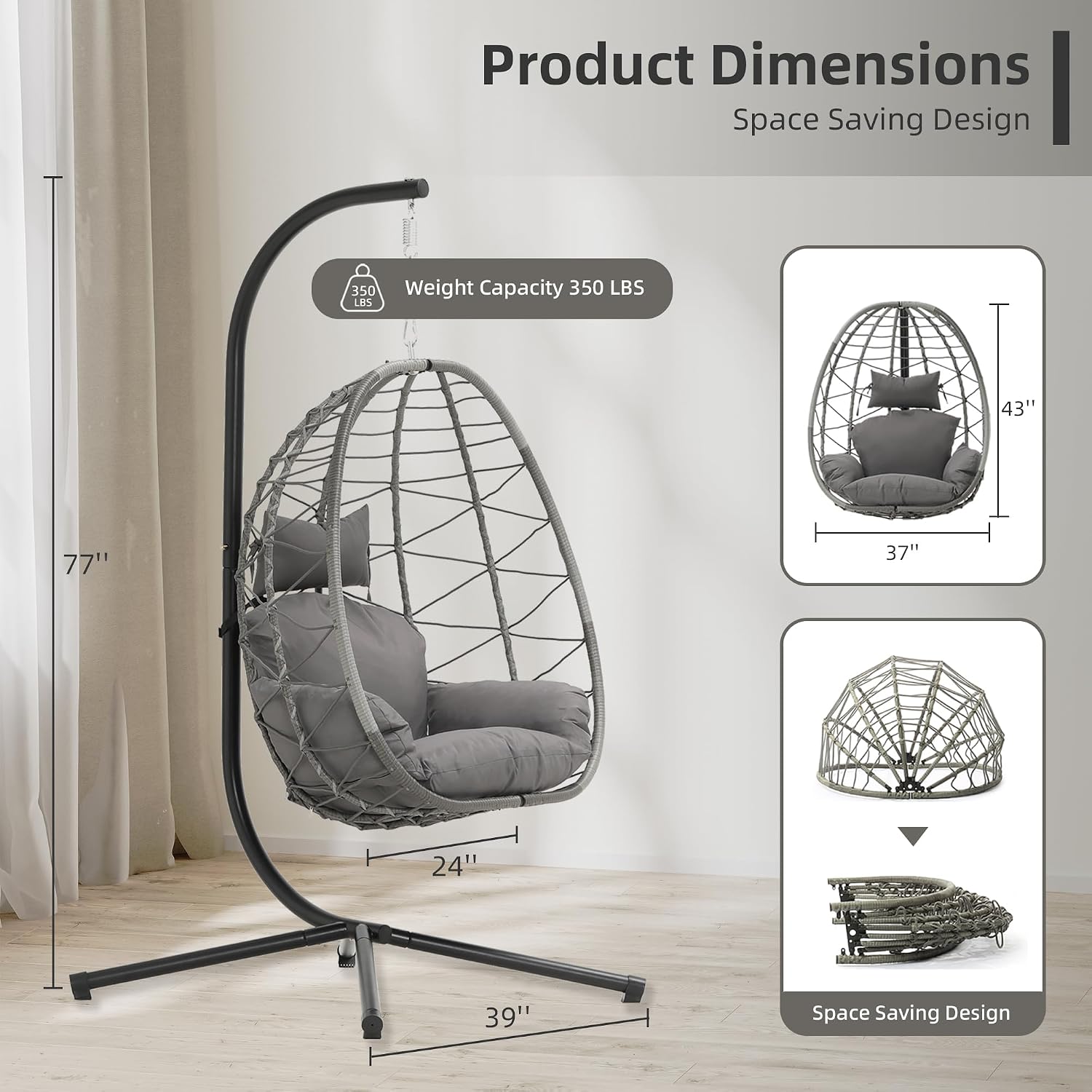 DoubleTT Egg Chair with Stand, Swing Chair Hanging Chair Nest Basket, UV Resistant Removable & Washable Cushions,350LBS Capacity for Bedroom, Balcony, Garden(GR-GR)