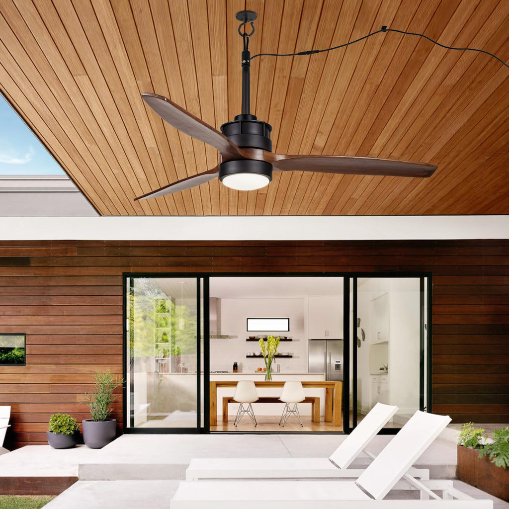 EKIZNSN 42' Wet Rated Ceiling Fans with Lights Outdoor Hanging for Gazebo Waterproof, DC Motor w 3 Reversible Walnut Wood Blades, Walnut