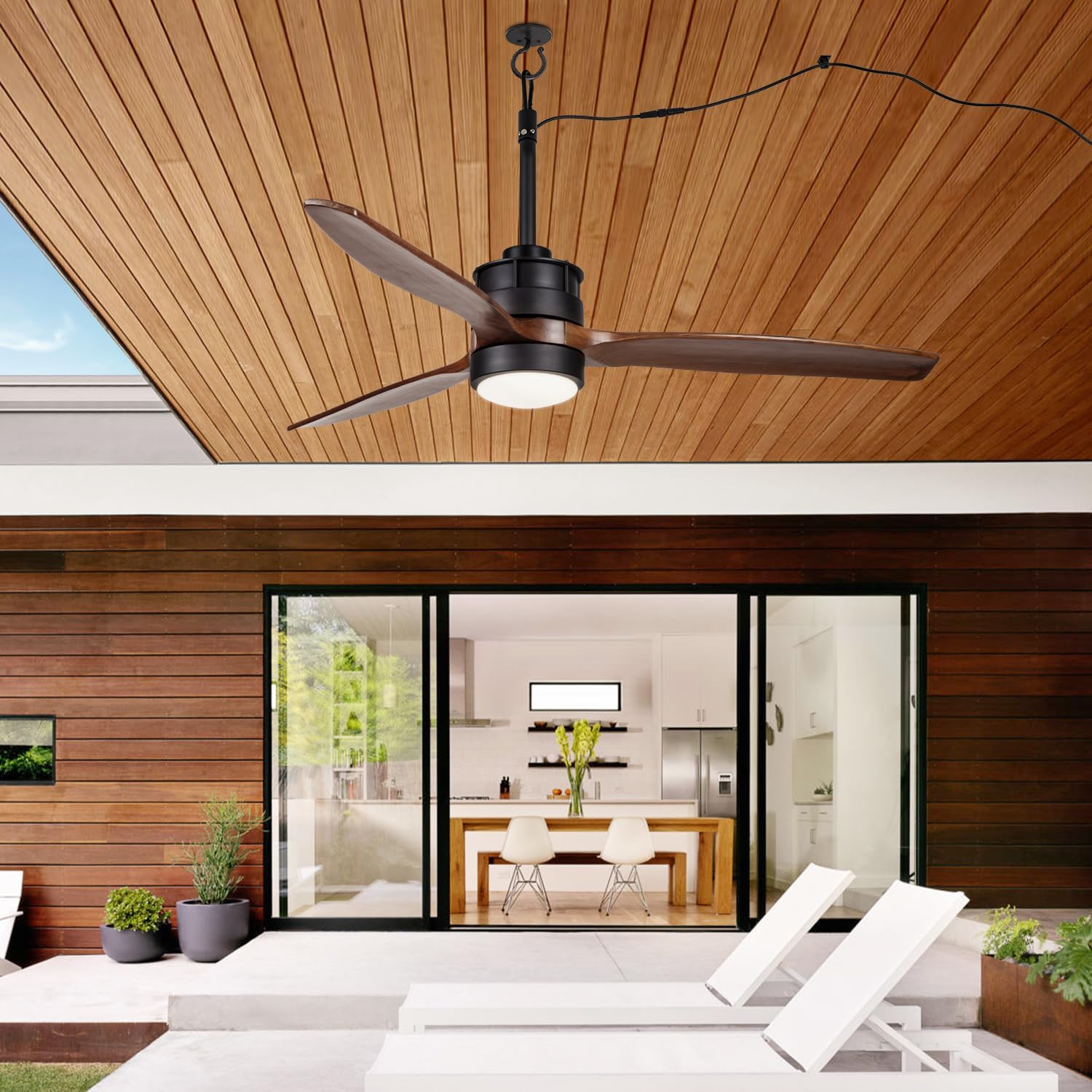 EKIZNSN 42' Wet Rated Ceiling Fans with Lights Outdoor Hanging for Gazebo Waterproof, DC Motor w 3 Reversible Walnut Wood Blades, Walnut