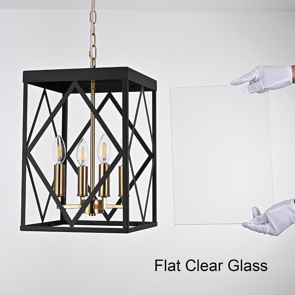 Outdoor Pendant Light for Porch, 4-Light Modern Metal Exterior Hanging Lantern Pendant Light Outside Chandelier Black with Clear Glass or Front Porch Entrance Foyer Entryway, Brass Socket