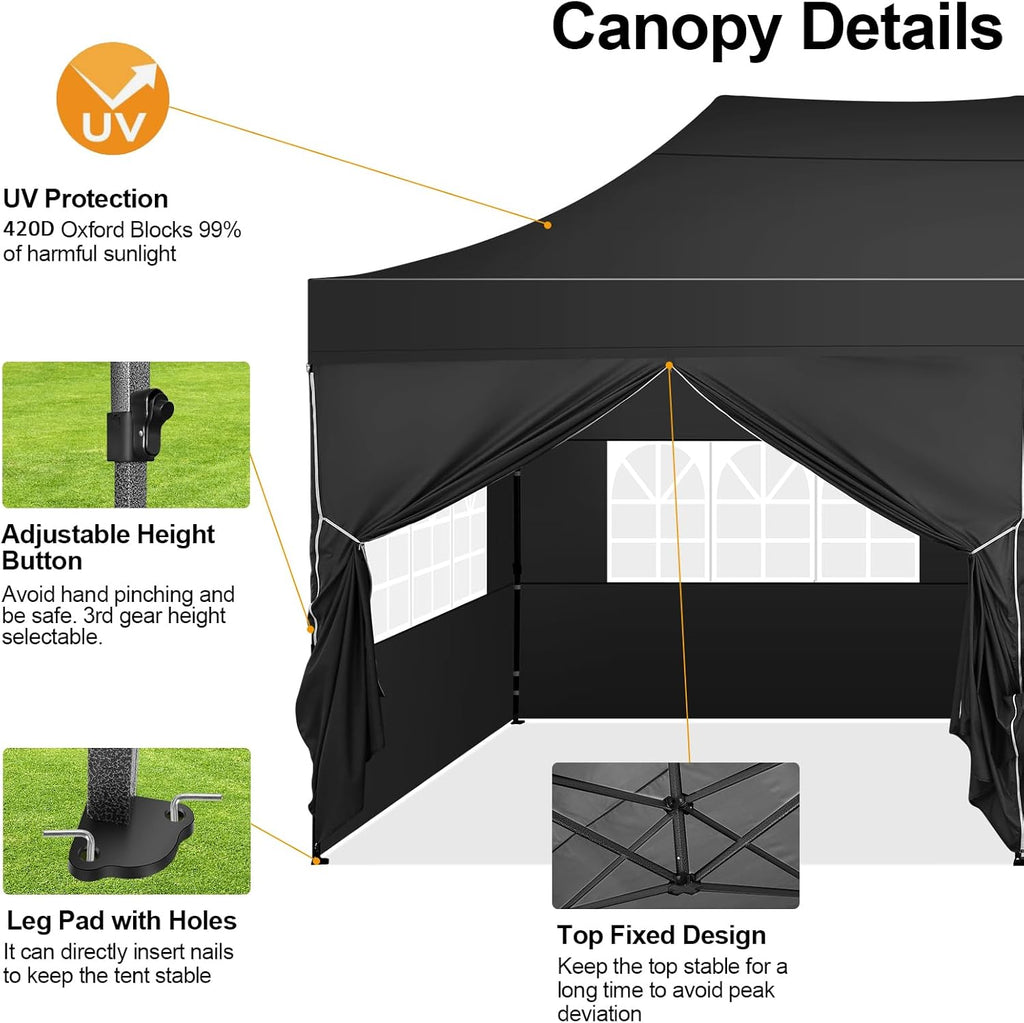 COBIZI 10x20 Pop up Canopy Tent 10x20 Canopy with 6 Sidewalls Waterproof Heavy Duty Commercial Canopy Tent for Parties Outdoor Garden Gazebo, Carry Bag with Wheel(10x20ft, Black)