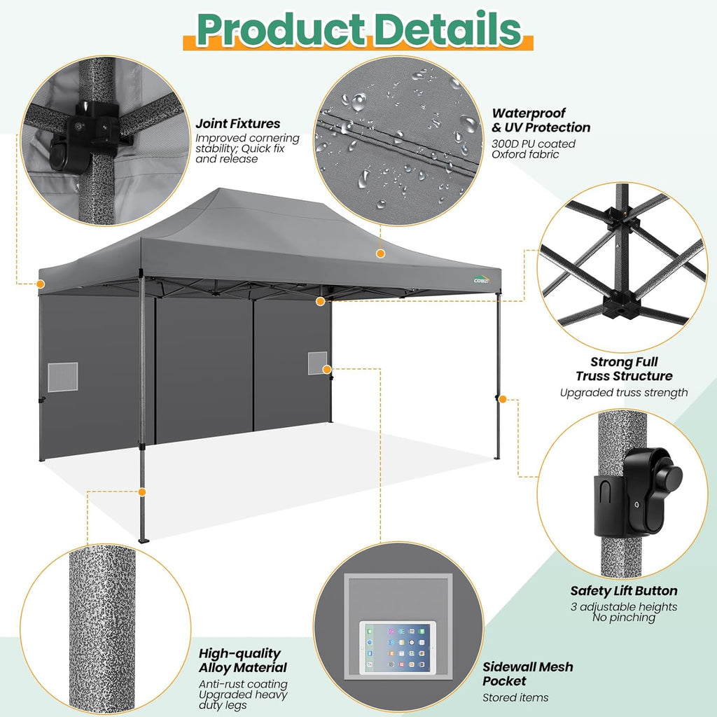 COBIZI 10x15 Heavy Duty Pop up Canopy Tent with 4 sidewalls, Commercial Outdoor Tents for Parties,Backyard Event, Wedding, All Season Waterproof Event Shelter with Carry Bag, Gray(Frame Thickened)