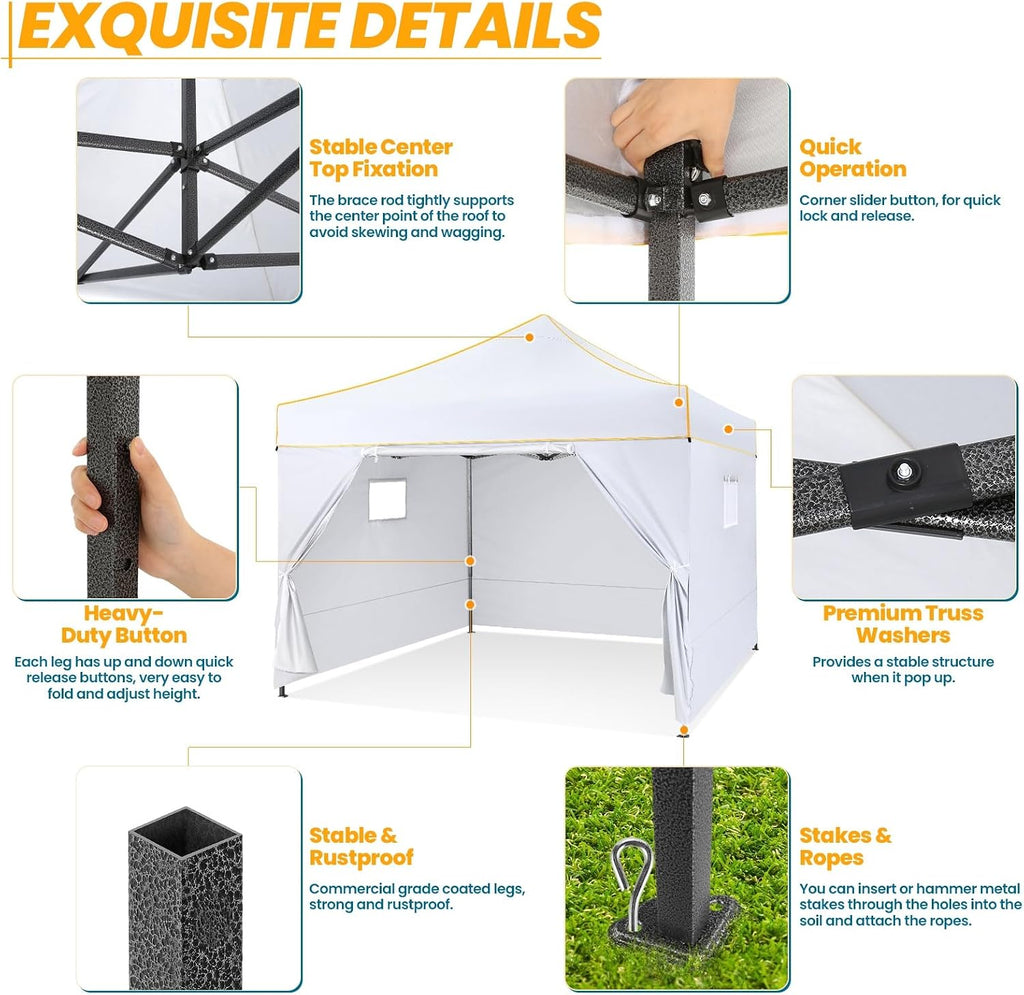 COBIZI 10x10 Pop Up Canopy Tent Commercial Heavy Duty Instant Canopy with 4 Sidewalls, UV 50+ Silver Coated Waterproof Vendor Gazebo, Portable Shelter with Carry Bag, Event Tent for Parties, White