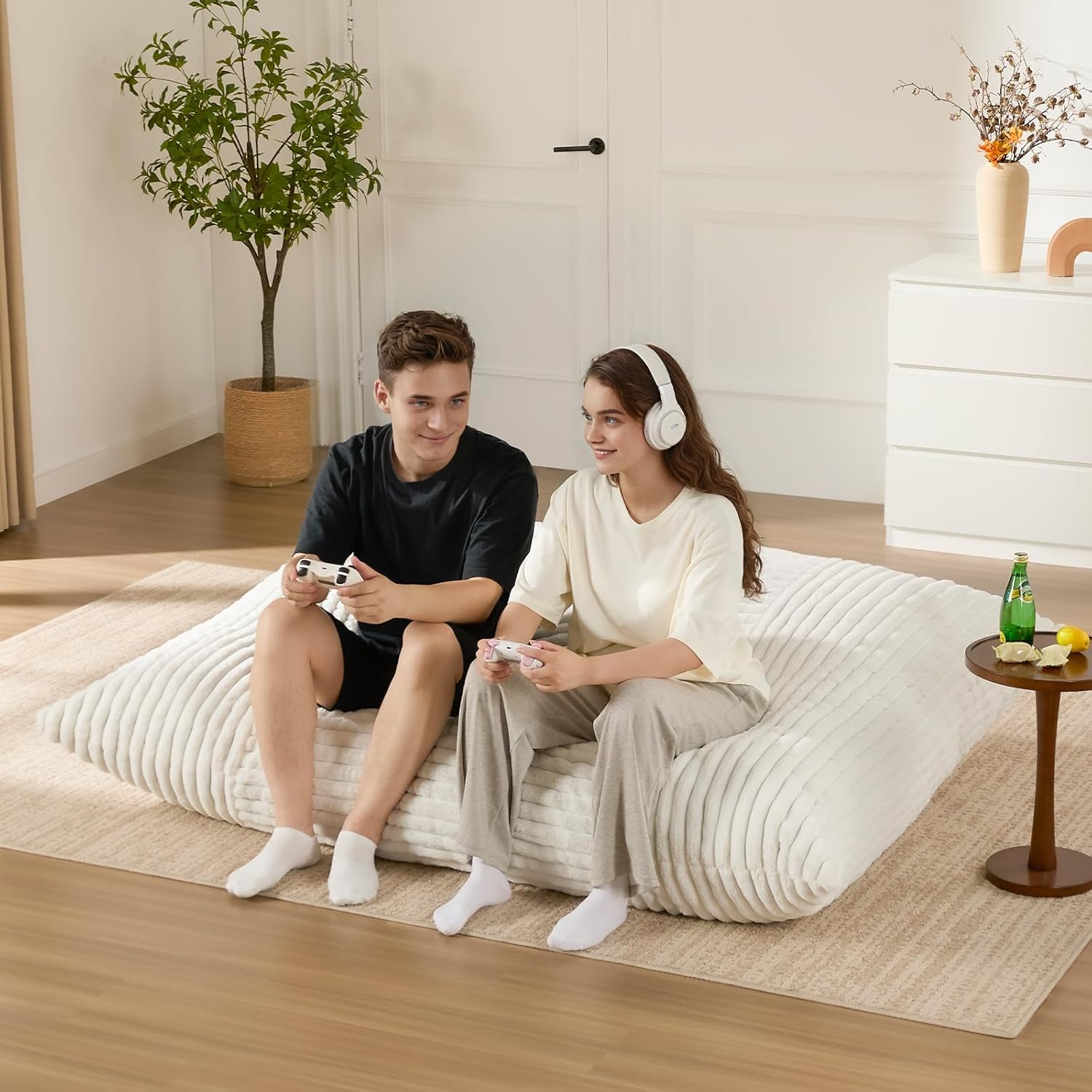 3-in-1 Giant Bean Bag Chair for Adults & Kids, Convertible Floor Sofa to Mattress, High-Density Foam Chair Bed with Washable Cover, Multi Functional Lounge Couch for Bedroom, Living Room (Beige)