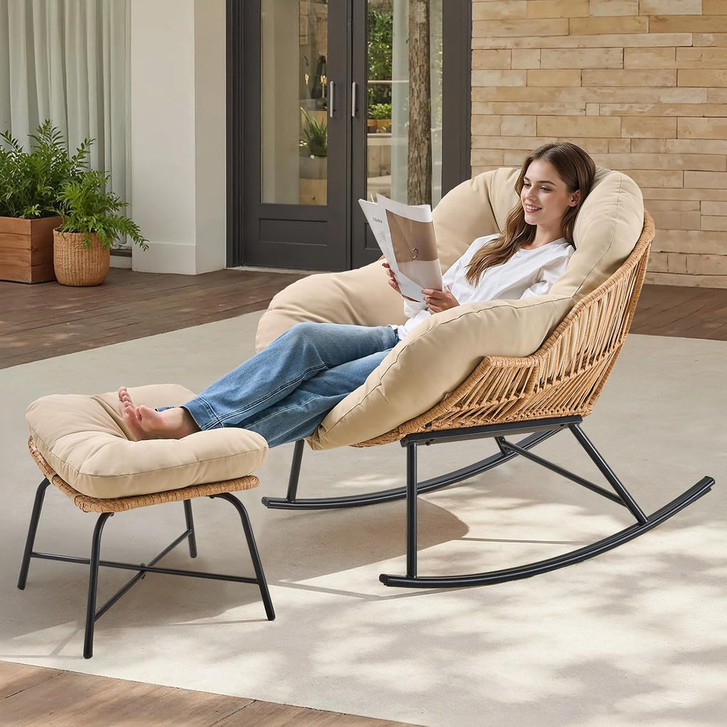 ONBRILL Papasan Rocking Chair with Ottoman,Oversized Papasan Chair with Padded Cushion, Indoor & Outdoor Rocker Chair for Living Room, Patio, Garden, Beige