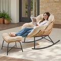 ONBRILL Papasan Rocking Chair with Ottoman,Oversized Papasan Chair with Padded Cushion, Indoor & Outdoor Rocker Chair for Living Room, Patio, Garden, Beige