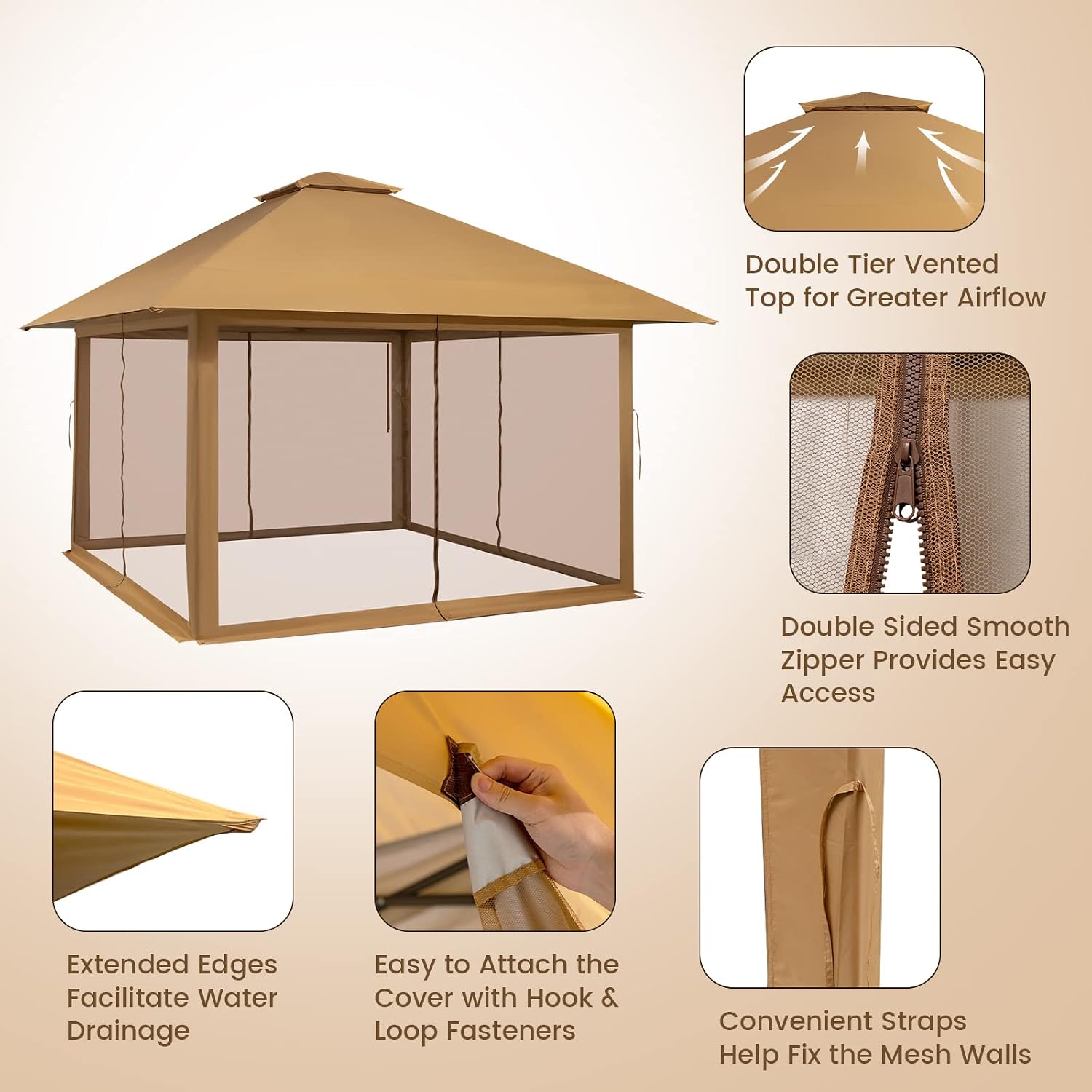 Tangkula 13x13 Ft Pop Up Gazebo with Netting, 2 Tier Patio Gazebo with Center Lock, Mesh Sidewalls, 4 More Ribs, Wheeled Bag, Easy Setup Instant Outdoor Shelter for Garden, Deck, Backyard, UPF50+