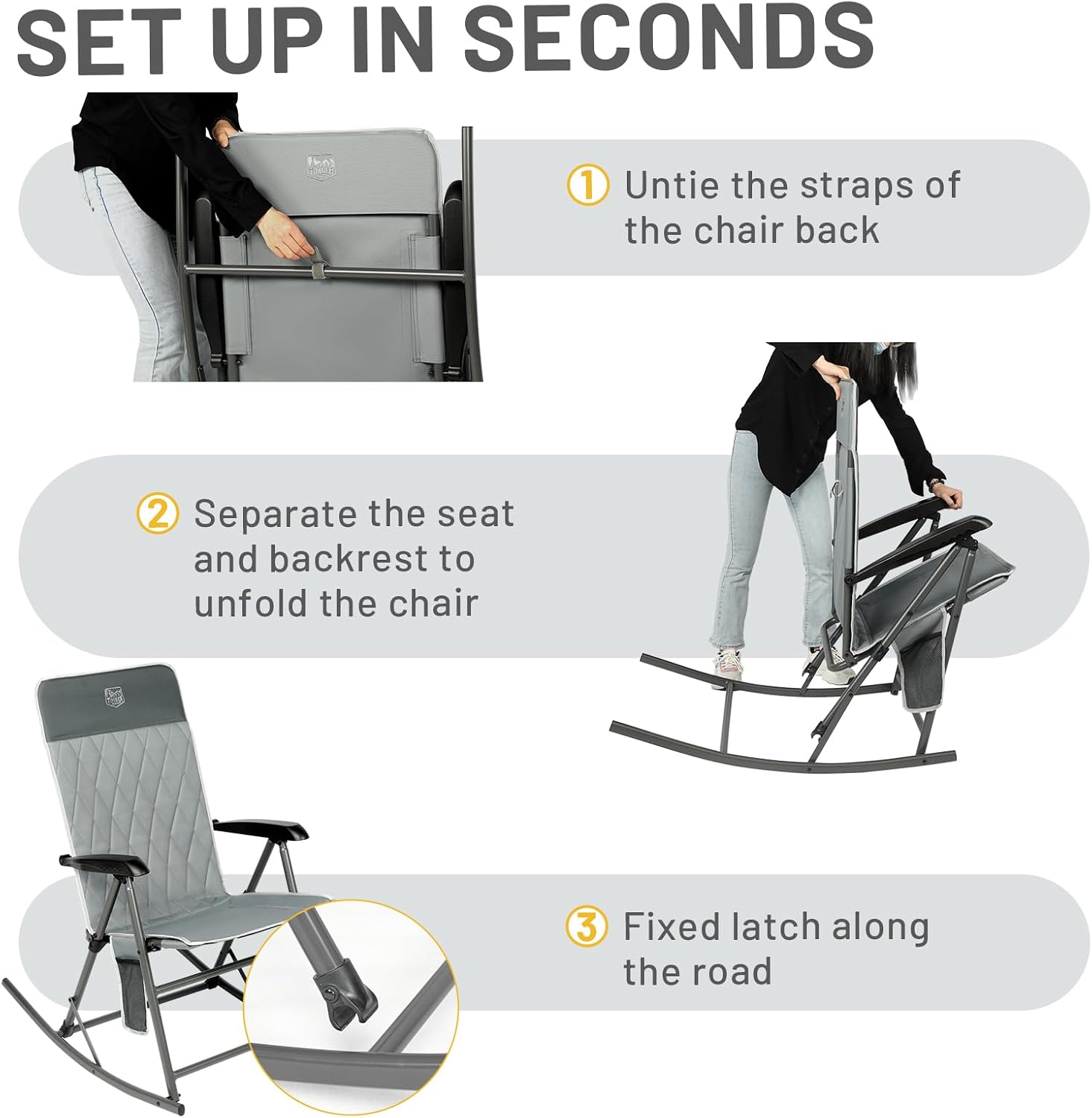 Timber Ridge 3-Level Adjustable Rocking Camping Chair, Ergonomic Padded High Back, Supports 300 LBS, Stable Anti-Tip Rocker, Hard Armrests for Easy Standing, Portable for Patio, Lawn & Tailgating