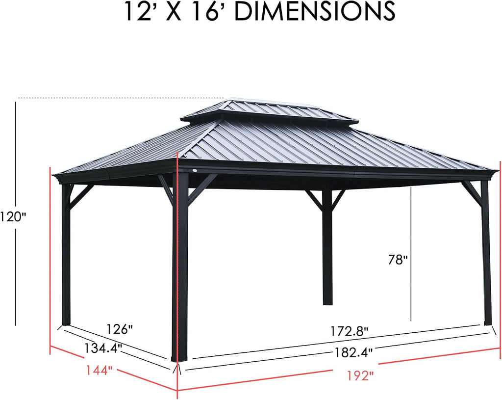 Kozyard Apollo 12'x16' Hardtop Gazebo, Wooden Coated Aluminum Frame Canopy with Galvanized Steel Double Roof, Outdoor Permanent Metal Pavilion with Netting for Patio, Deck and Lawn (12ft x 16ft)