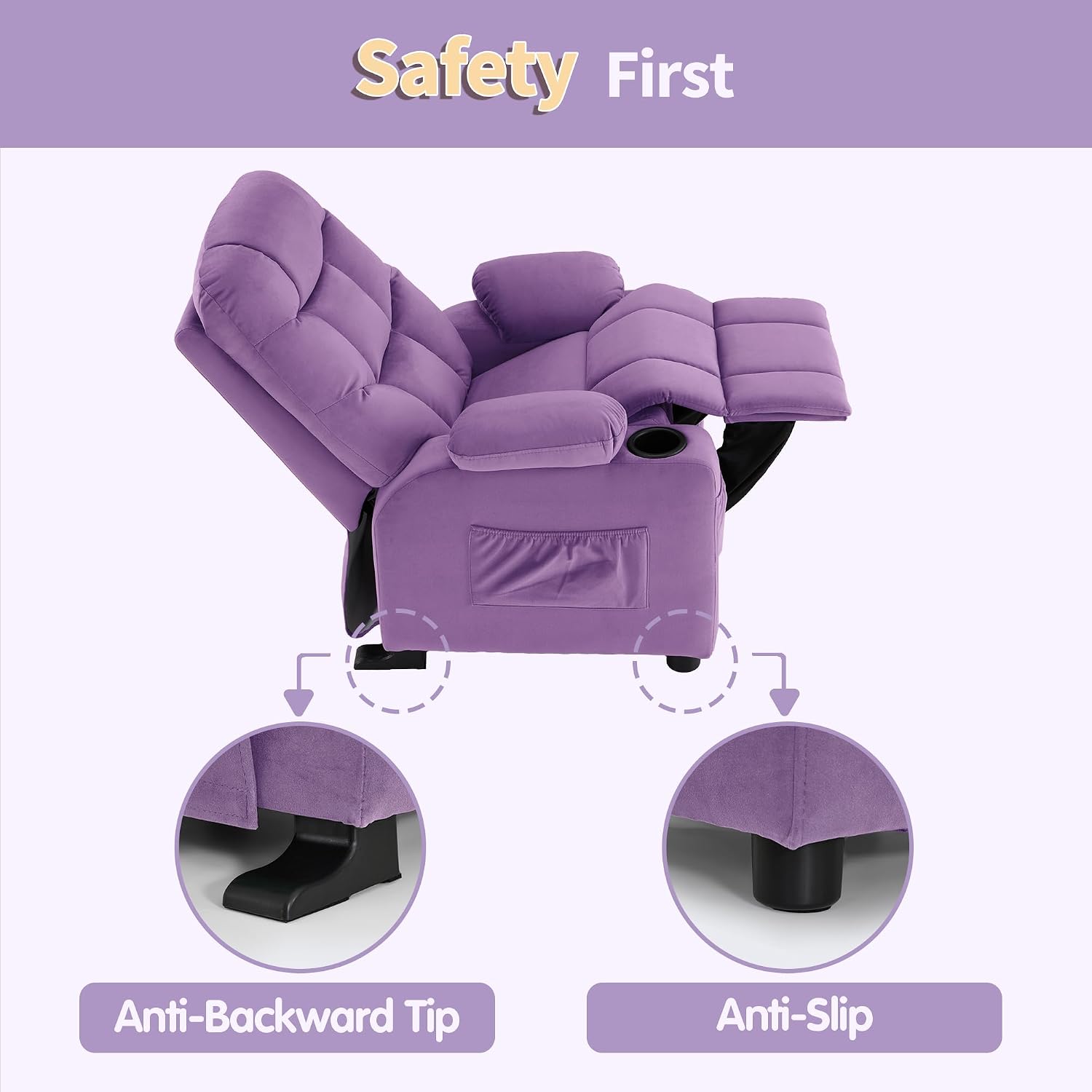 MCombo Big Kids Recliner for Ages 3+, Child Reclining Chair, Toddlers Recliner Sofa with Cup Holders (Velvet, Violet)