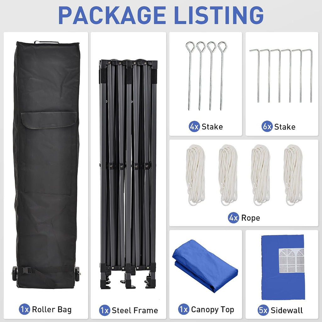 GDY 10'x20' Pop Up Canopy, Folding Party Tent with 6-Panel Removable Sidewalls, Heavy Duty Outdoor Commercial Instant Gazebo with Wheeled Bag, Blue.