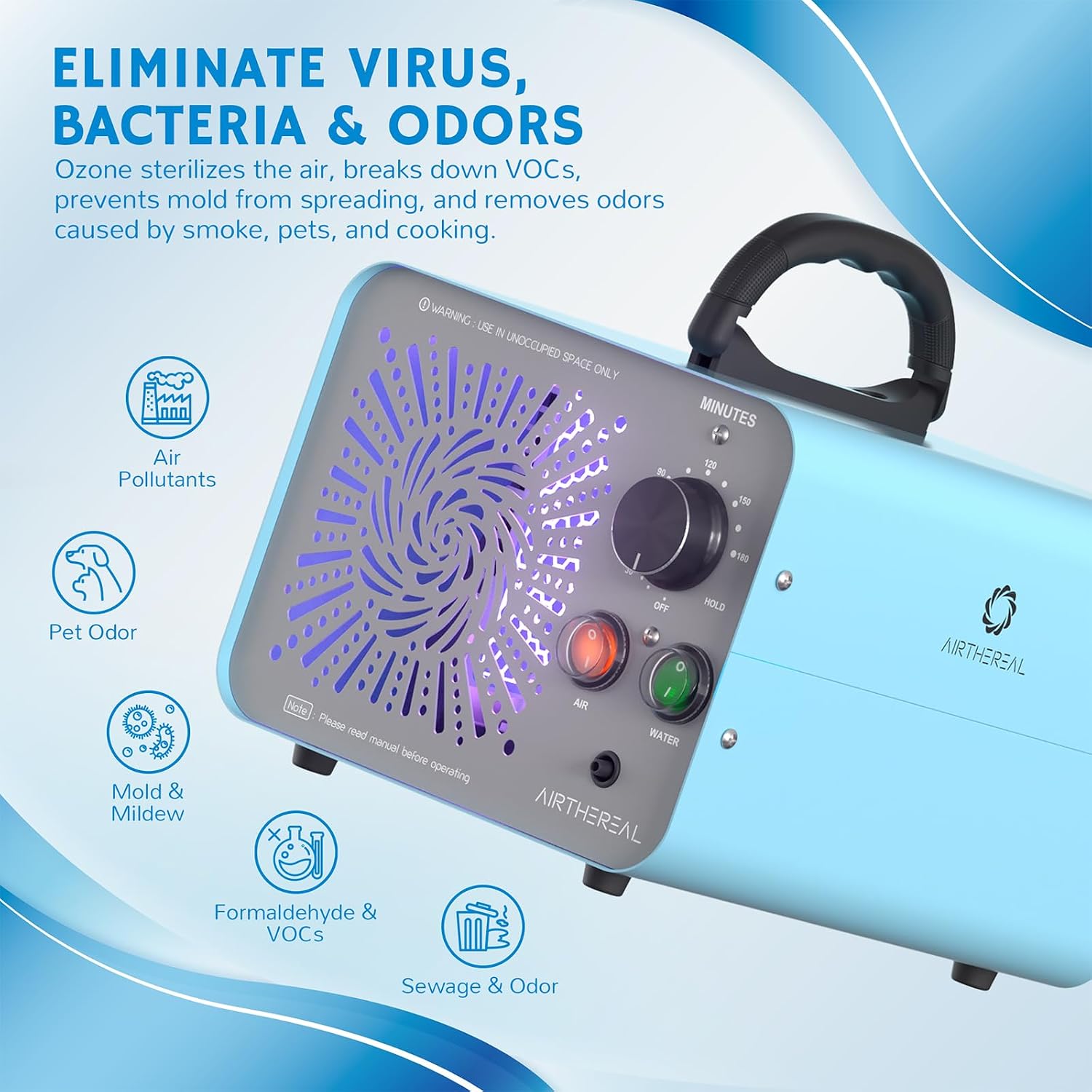 Airthereal Bundle | MA25L Ozone Generator and 4 Tubes and Diffuser Stones for Water and Air - High Capacity Ozone Machine for Odor Removal - Covers up to 4000 sq. ft.