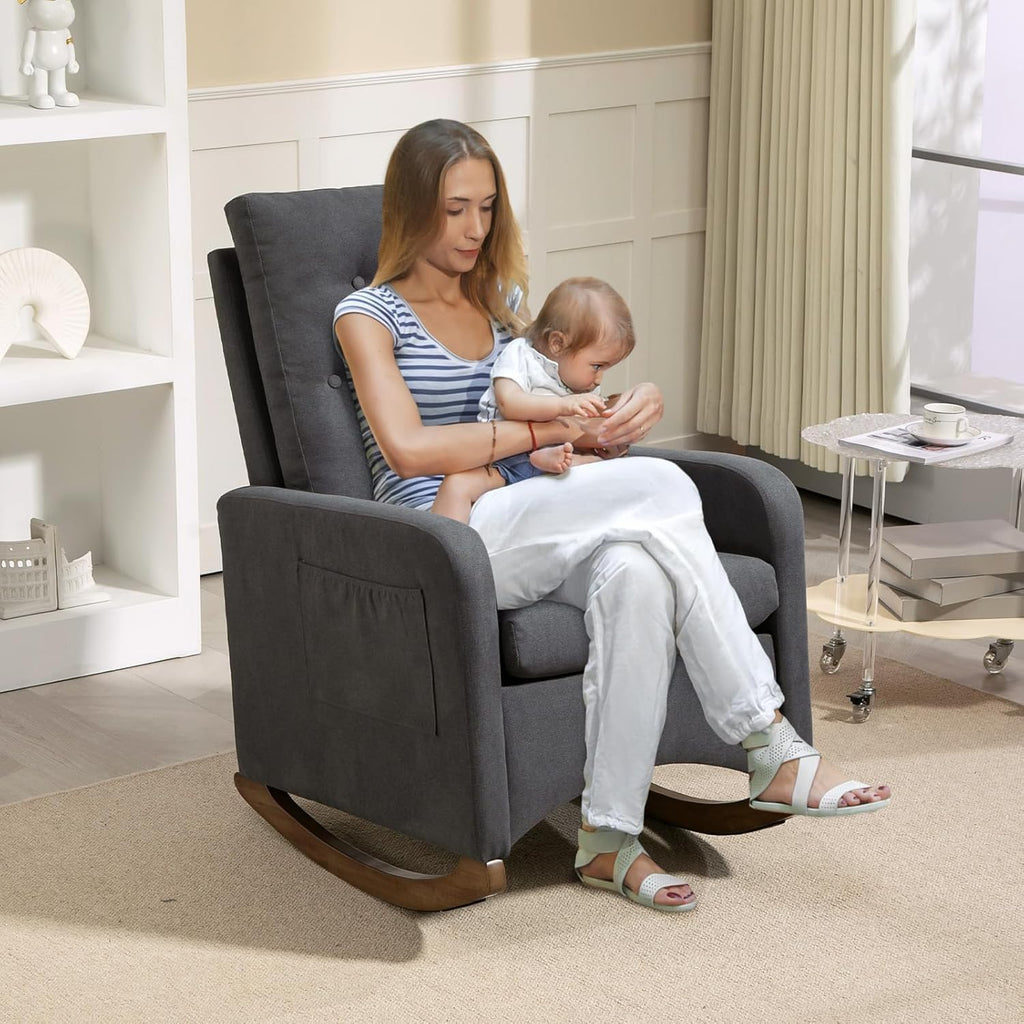 Nursery Rocking Chair, Comfy Upholstered Glider Rocker Armchair with Rubber Wood Legs High Back and Side Pocket for Living Room Bedroom, Deep Grey