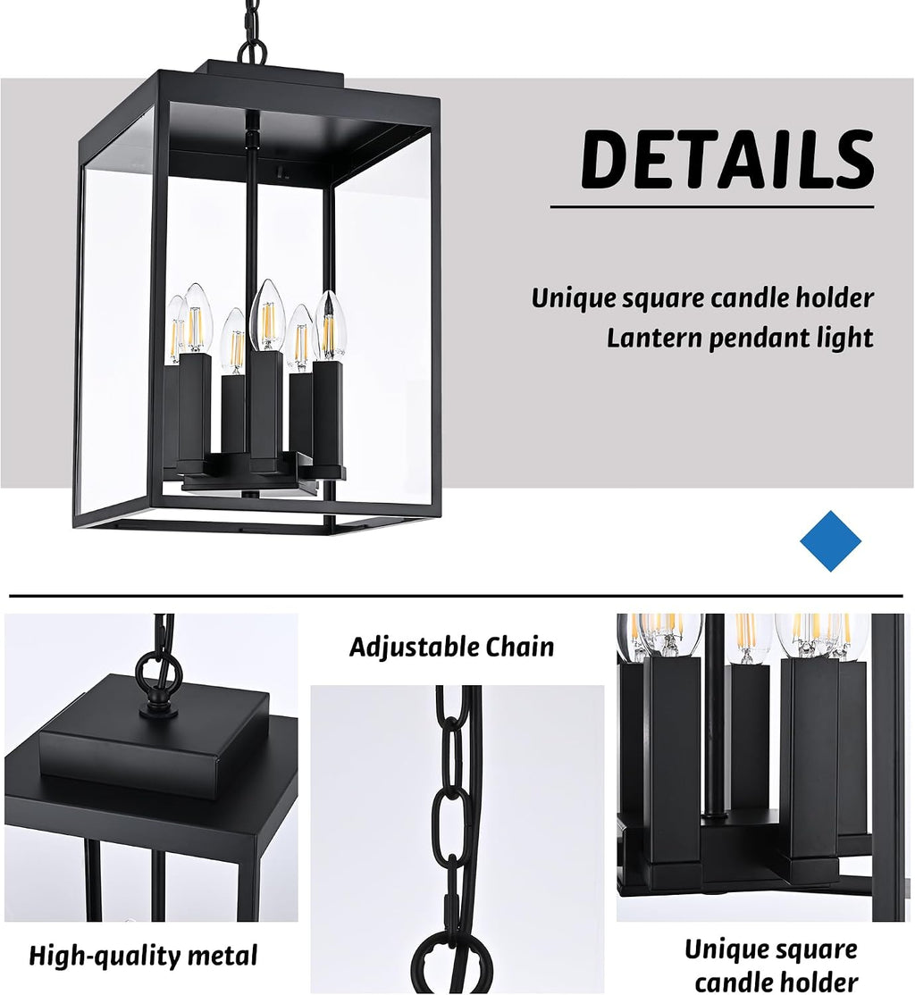 MELUCEE 16'' Large Outdoor Pendant Light Fixture, 6-Light Outdoor Chandelier for Porch Black Lantern Pendant Lights with Clear Glass Exterior Ceiling Lights Hanging for Porch Patio Gazebo Entrance