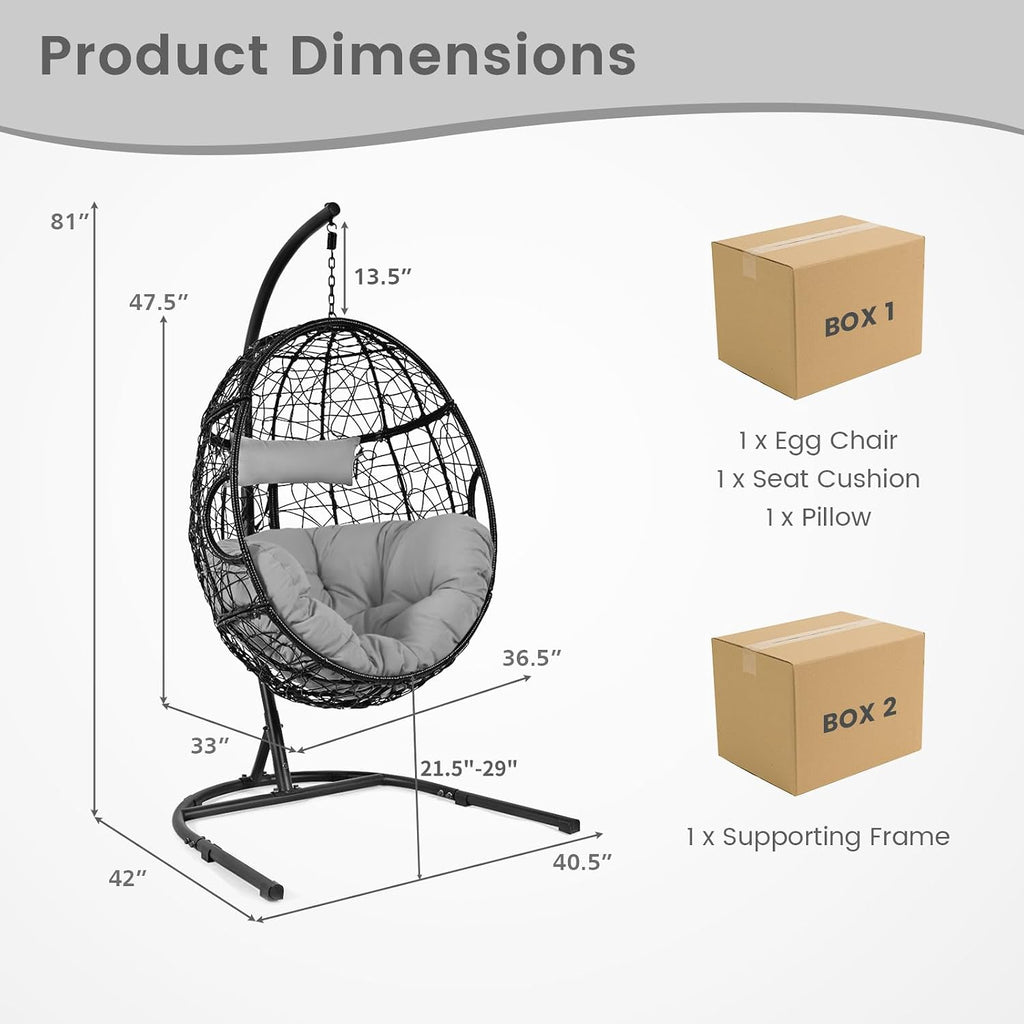 Tangkula Egg Chair with Stand, Hanging Egg Swing Chair with Removable Seat Cushion & Headrest, All-Weather Indoor Outdoor Hanging PE Wicker Egg Chairs for Outside, Balcony, Bedroom (Grey)
