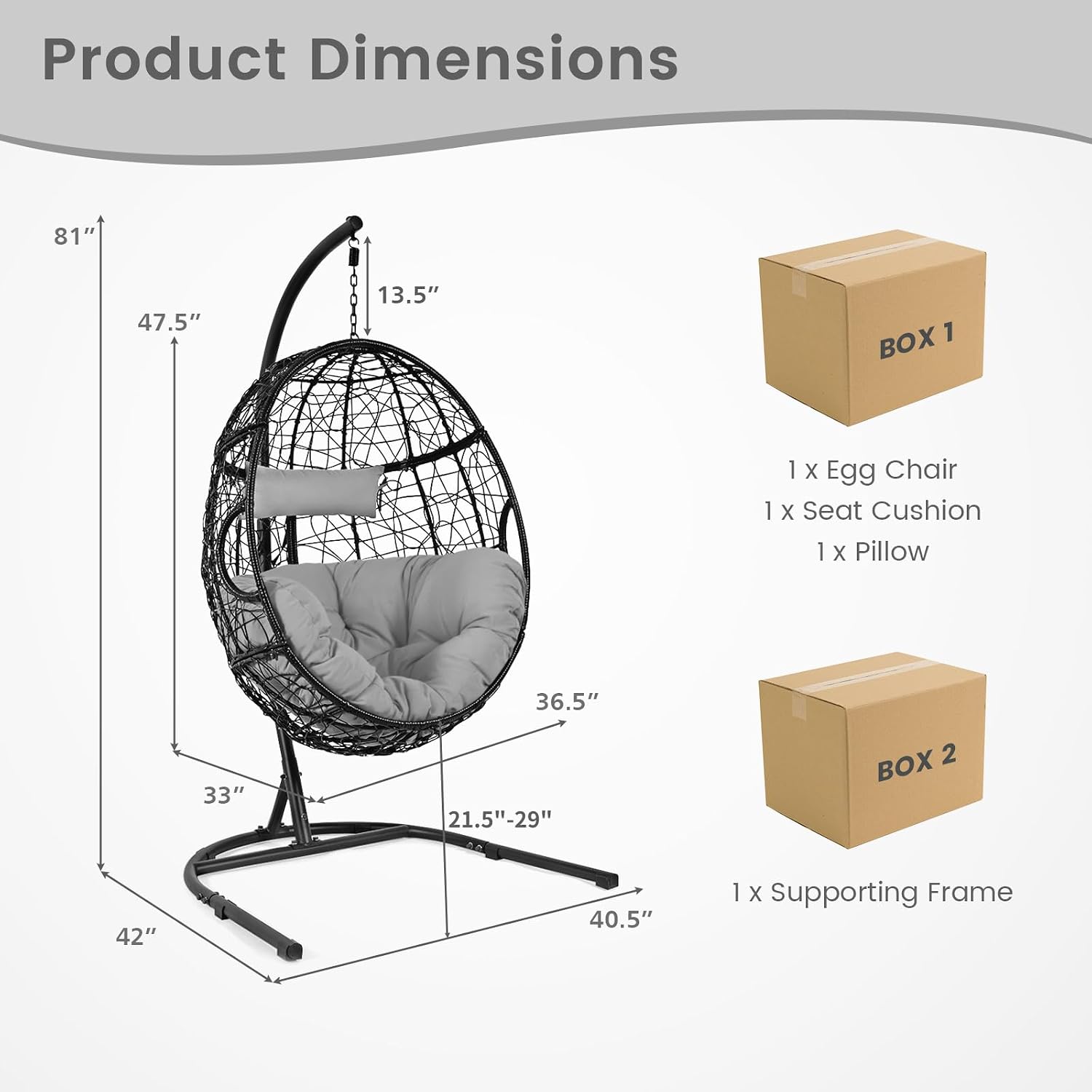 Tangkula Egg Chair with Stand, Hanging Egg Swing Chair with Removable Seat Cushion & Headrest, All-Weather Indoor Outdoor Hanging PE Wicker Egg Chairs for Outside, Balcony, Bedroom (Grey)