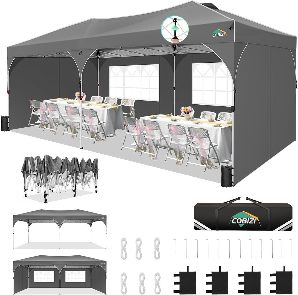 COBIZI 10x20 Pop Up Canopy Tent, Outdoor Party Tent with 4 Sidewalls, 1 Person Easy Set up, Tents for Parties with Fluorescent Strip & 4 Sandbags, Waterproof UPF50+, 3 Adjustable Height, Gray