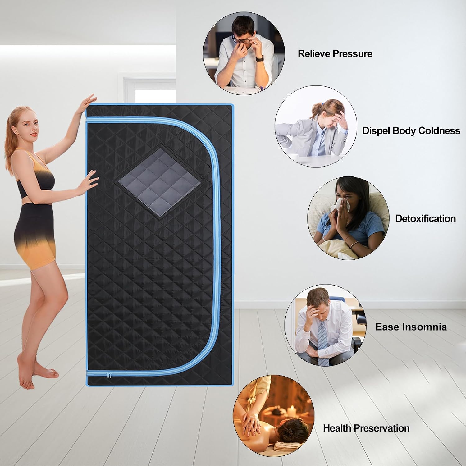 Portable Steam Sauna | Full Size Portablel Sauna Tent | Personal Home Sauna Spa | with 2.2L Water Injection Rate and 1000W Steam Generator, Portable Chair, Black (Blue Edge)