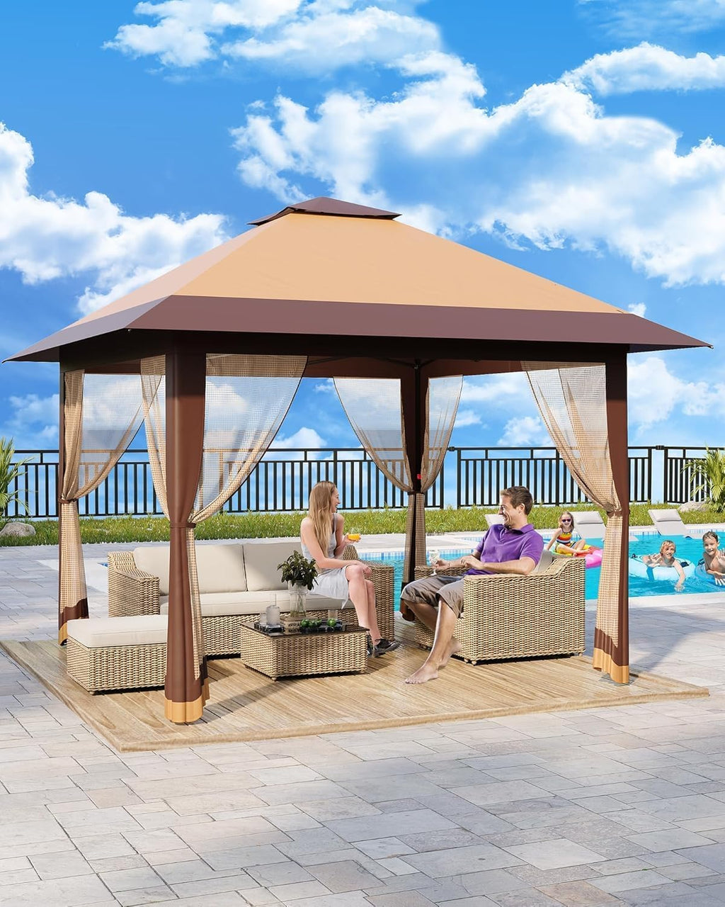13x13FT Pop-Up Gazebo, Instant Canopy Gazebo With Mosquito Net & Double Roof, Adjustable Height Canopy Tent, UV-Resistant Outdoor Shelter for Patio, Backyard, Garden, and Camping
