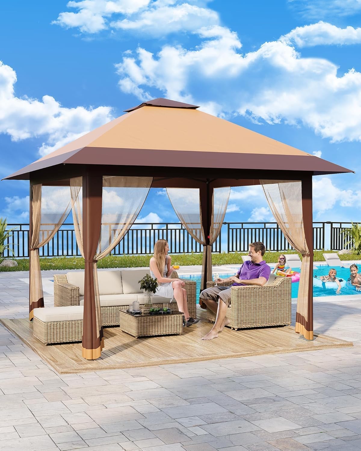 13x13FT Pop-Up Gazebo, Instant Canopy Gazebo With Mosquito Net & Double Roof, Adjustable Height Canopy Tent, UV-Resistant Outdoor Shelter for Patio, Backyard, Garden, and Camping