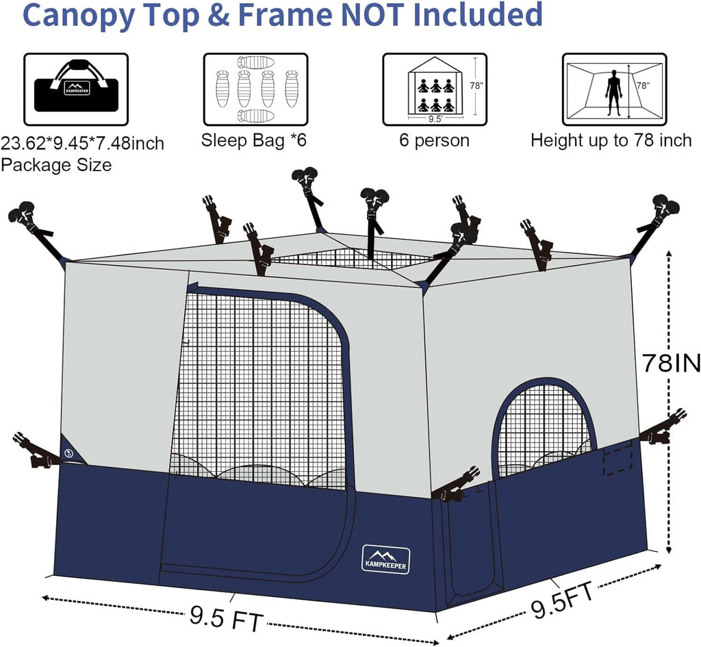 KAMPKEEPER Camping Inner Tent for Pop Up Canopy, Converts 10'x10' Straight Leg Canopy into Camping Tent–Fully Vented Roof(Top & Frame NOT Included) (Navy Blue, with Dog Hole)