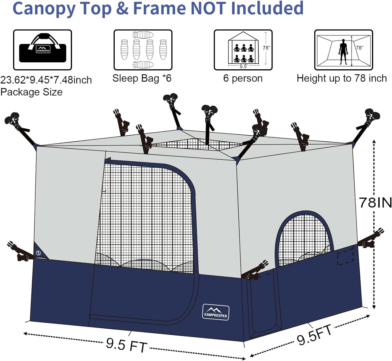 KAMPKEEPER Camping Inner Tent for Pop Up Canopy, Converts 10'x10' Straight Leg Canopy into Camping Tent–Fully Vented Roof(Top & Frame NOT Included) (Navy Blue, with Dog Hole)