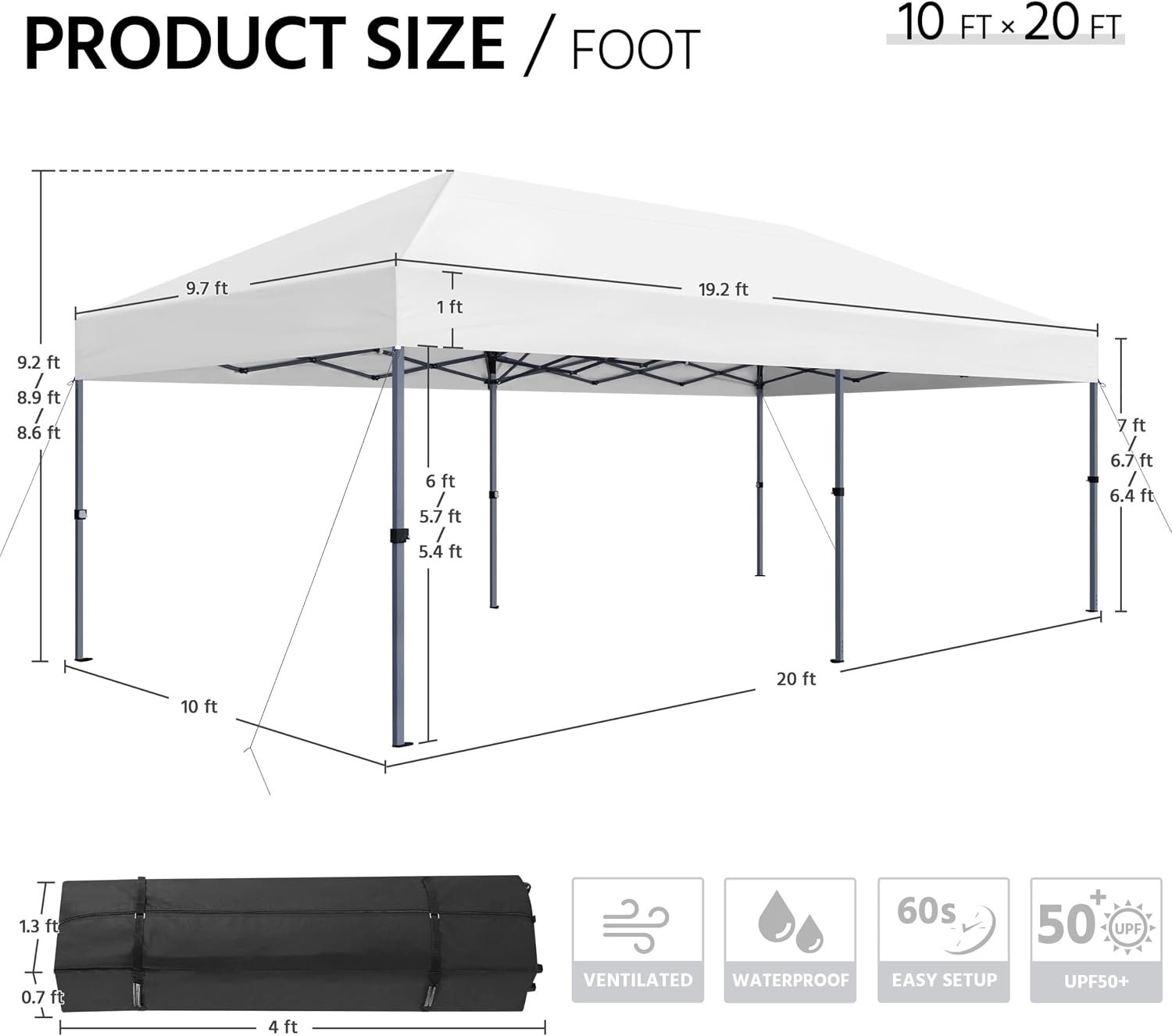 Yaheetech 10×20 Pop Up Canopy Easy Set-up Tent, Portable Outdoor Canopy Instant Tent, Commercial Gazebo with Wheeled Carry Bag & 6 Sandbags for Home, Party & Outdoor Activities, White