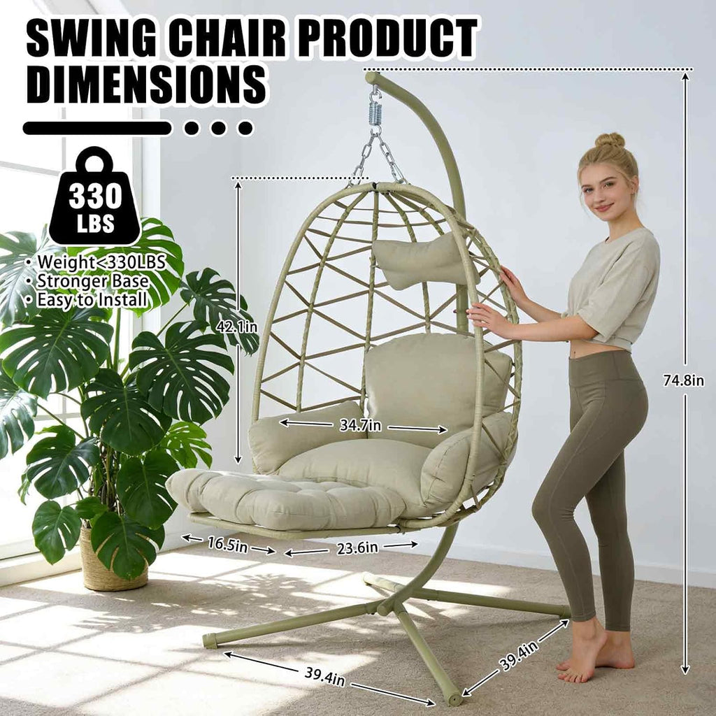 Hanging Egg Chair with Stand & Leg Rest,Rattan Wicker Swing Chair with Cushion,Patio Basket Hanging Chair Wicker Hammock Chair for Indoor Outdoor Bedroom Garden,300LBS (Coffee Rattan&Coffee Cushion)