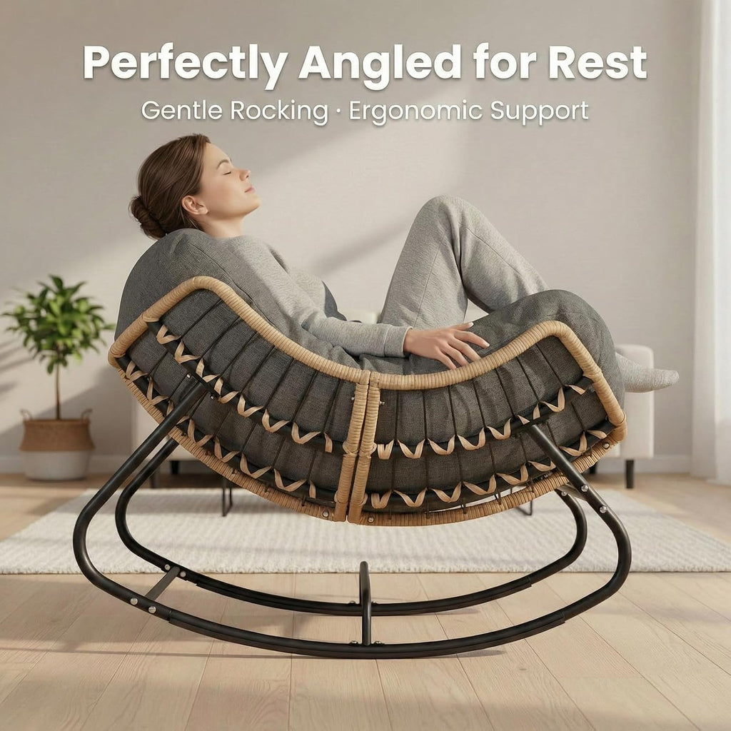 SWITTE Outdoor Rocking Chair, Oversized Patio Papasan Rocker, Comfy Wicker Reading Lounge, Indoor Bed-Like Egg Chair for Bedroom,Balcony, Porch, Garden, Dark Grey