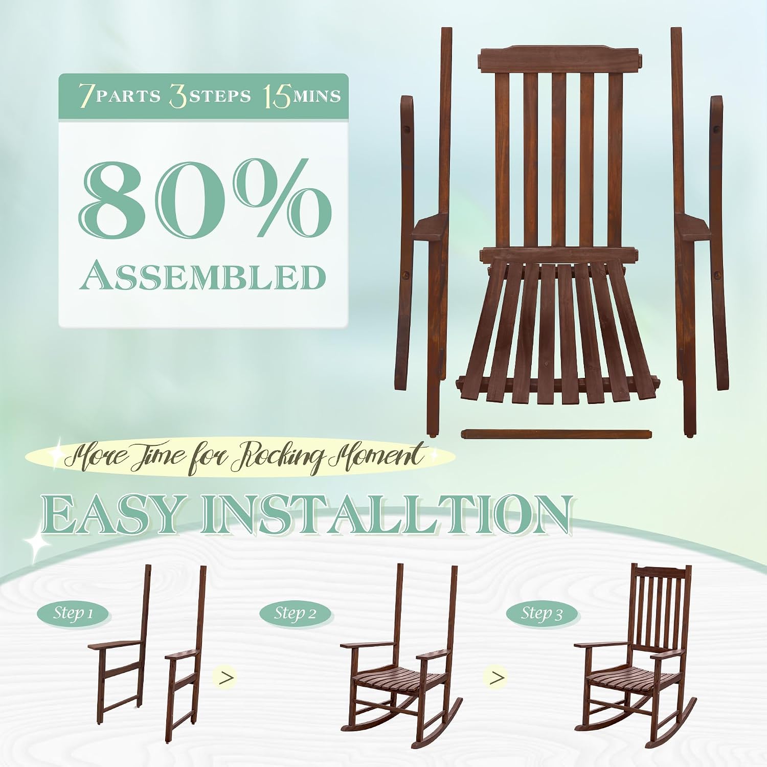 Flamaker Outdoor Rocking Chair Oversized Wooden Patio Chairs with Widened Armrest High Back Porch Rocker for Lawn, Garden, Backyard, Fire Pit (Brown)