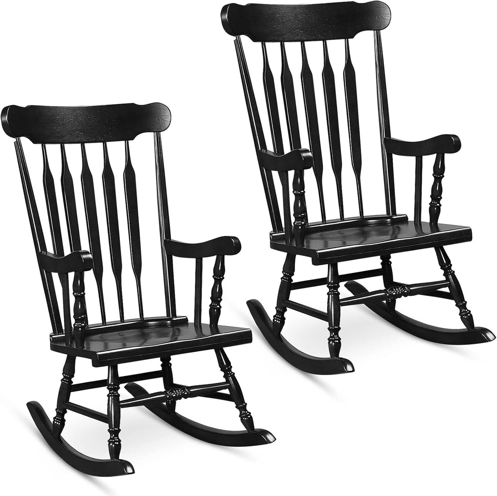 Tangkula Patio Rocking Chair Solid Rubber Wood, Outdoor Porch Rocker Chair with Rubber Wood Frame, Indoor Wooden Rocking Chair, Ideal for Garden, Backyard & Balcony (2, Black)
