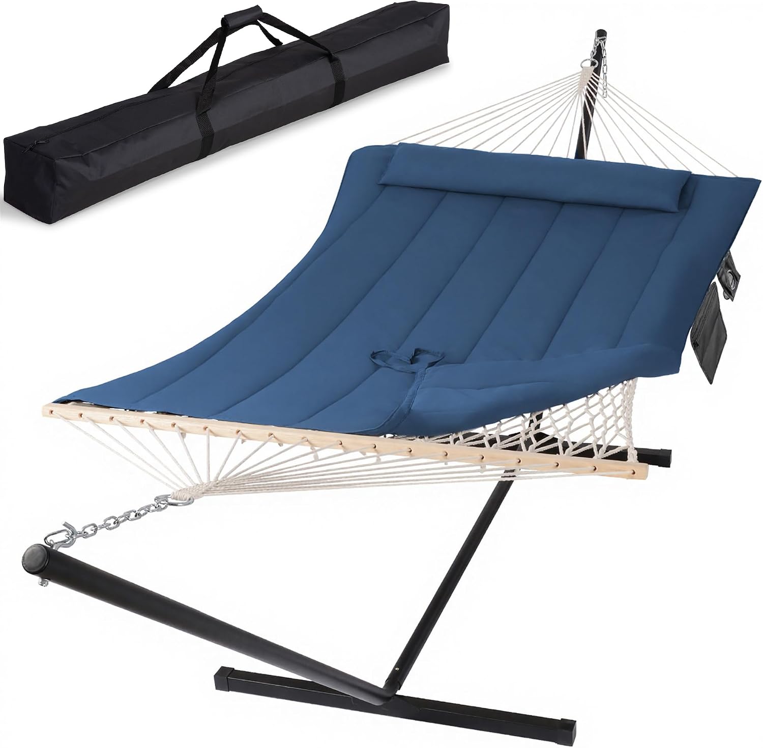 SUNCREAT Double Portable Rope Hammock with Stand Included, Outdoor Two Person Hammock with Polyester Pad, Navy