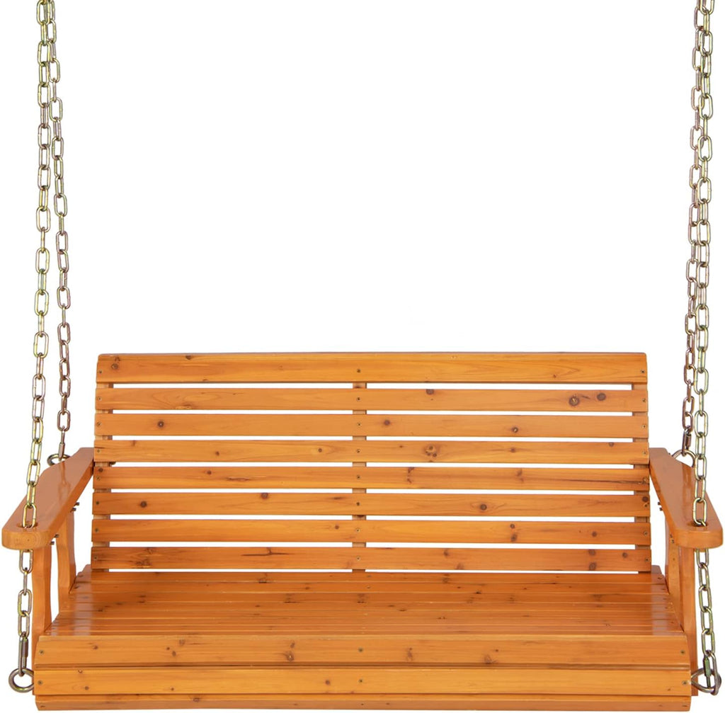 Giantex Wooden Porch Swing 2 Seat - Outdoor Swinging Chairs with Hanging Chains, 600 lbs Weight Capacity, 4 FT Finished Fir Wood Bench Swing for Patio, Outside, Garden, Lawn, Backyard (Orange)