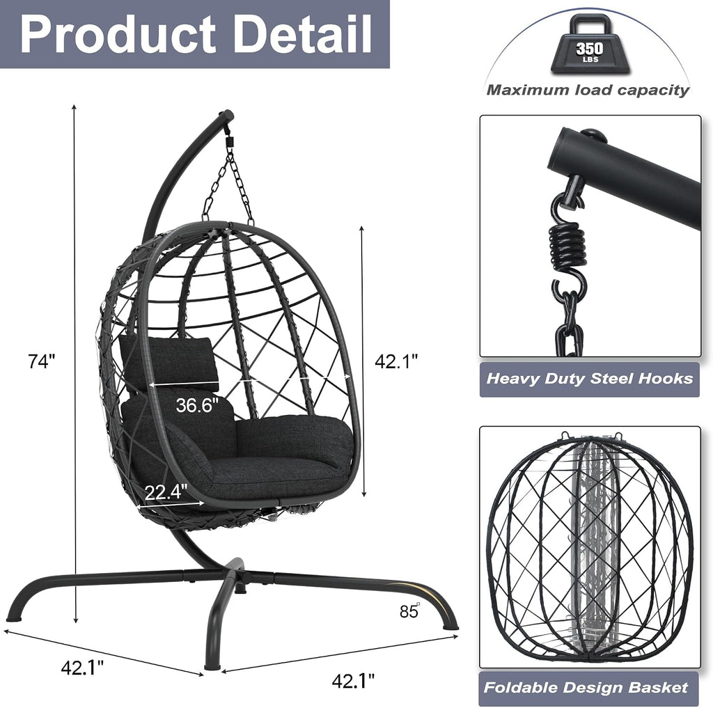Hanging Egg Chair with Stand Patio Wicker Rattan Swing Chair Hammock Egg Chair for Indoor & Outdoor 400lbs Capacity with Thickened Cushion for Bedroom Balcony Garden