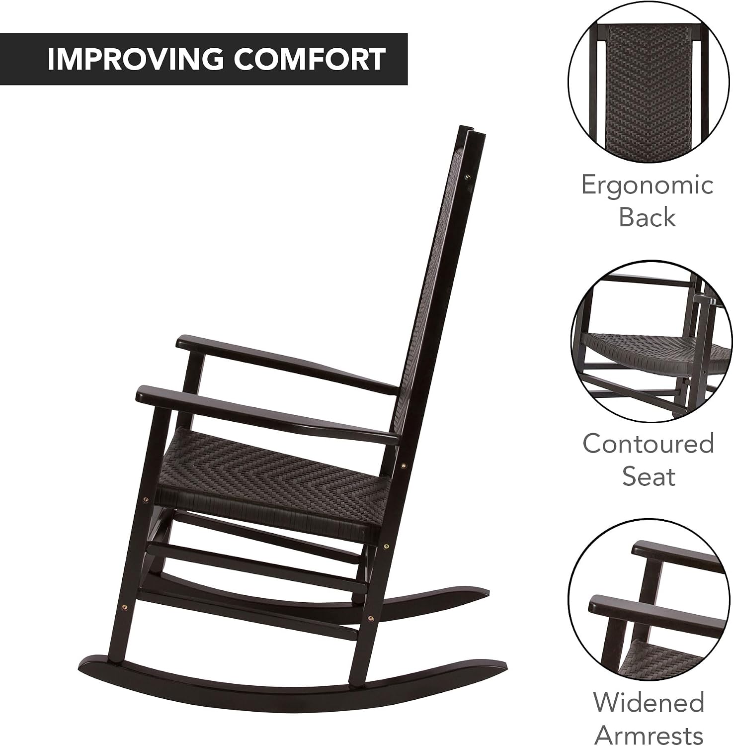 Shine Company Set of 2 Hampton Porch Rockers, High Back Wood Rocking Chairs, Rattan Backrest & Seat, 2-Pack, Black