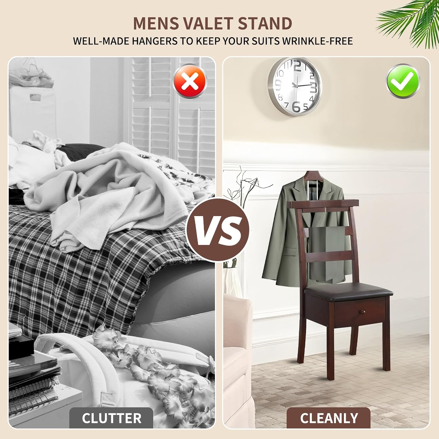 Chair Valet with cushioned seat Freestanding Suit Stand&Clothes Butler Wood Valet Stand with Drawer&Tray Clothing Rack with Contour Hanger Trouser Bar Suit Rack for Living Room Office Dressing Room