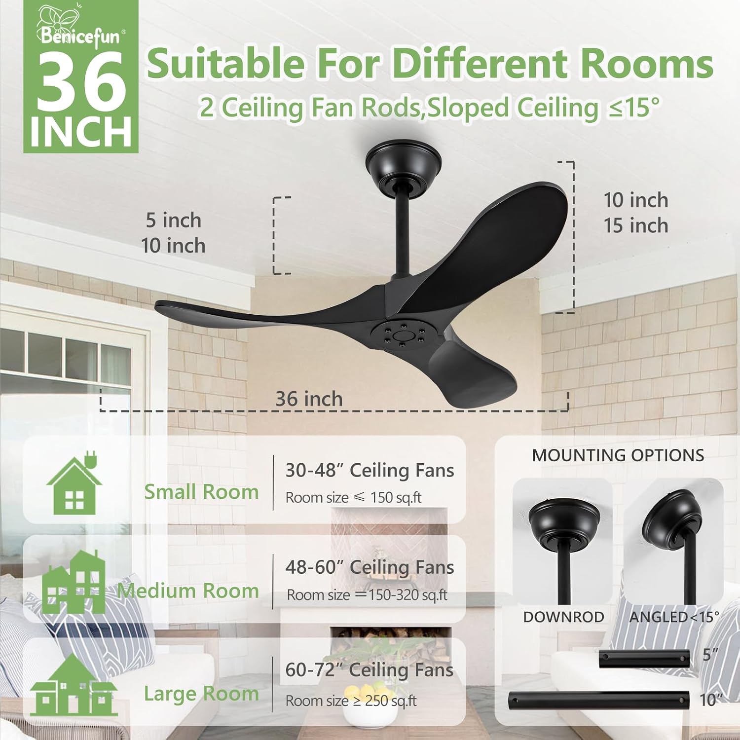 36 Inch Black Ceiling Fan No Light,Small Ceiling Fans Without Lights, Small Modern 3 Blade Quiet Dc Ceiling Fan For Slanted Ceilings, Rustic Wood Ceiling Fans For Gazebo With Remote