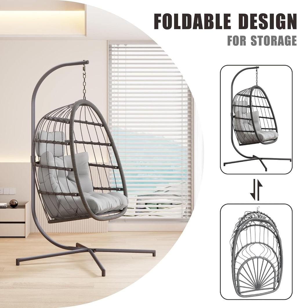 HWB Hanging Egg Chair with Stand, Swing Hammock Chair with Cushion for Indoor Outdoor, Patio Wicker Egg Swing Chair for Balcony Furniture, Light Gray