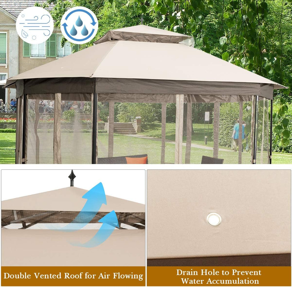 Tangkula 10 x 12 Ft Patio Gazebo, Heavy Duty Octagonal Canopy Gazebo w/Netting Sidewalls and Sturdy Steel Frame, Double Roof Vented Gazebo Canopy Shelter for Backyard Event Party BBQ (Beige)