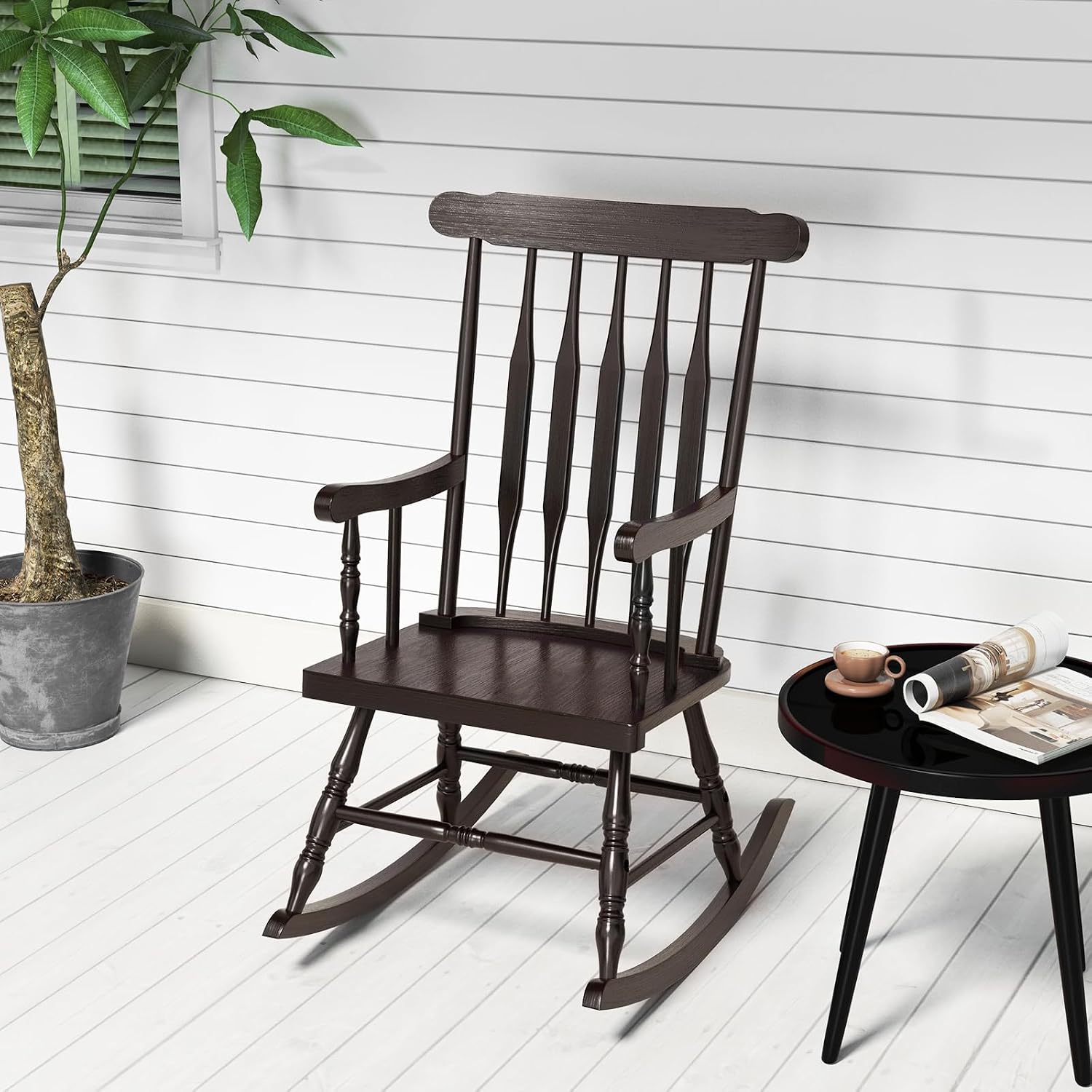 Tangkula Patio Rocking Chair Solid Rubber Wood, Outdoor Porch Rocker Chair with Rubber Wood Frame, Indoor Wooden Rocking Chair, Ideal for Garden, Backyard & Balcony (1, Espresso)
