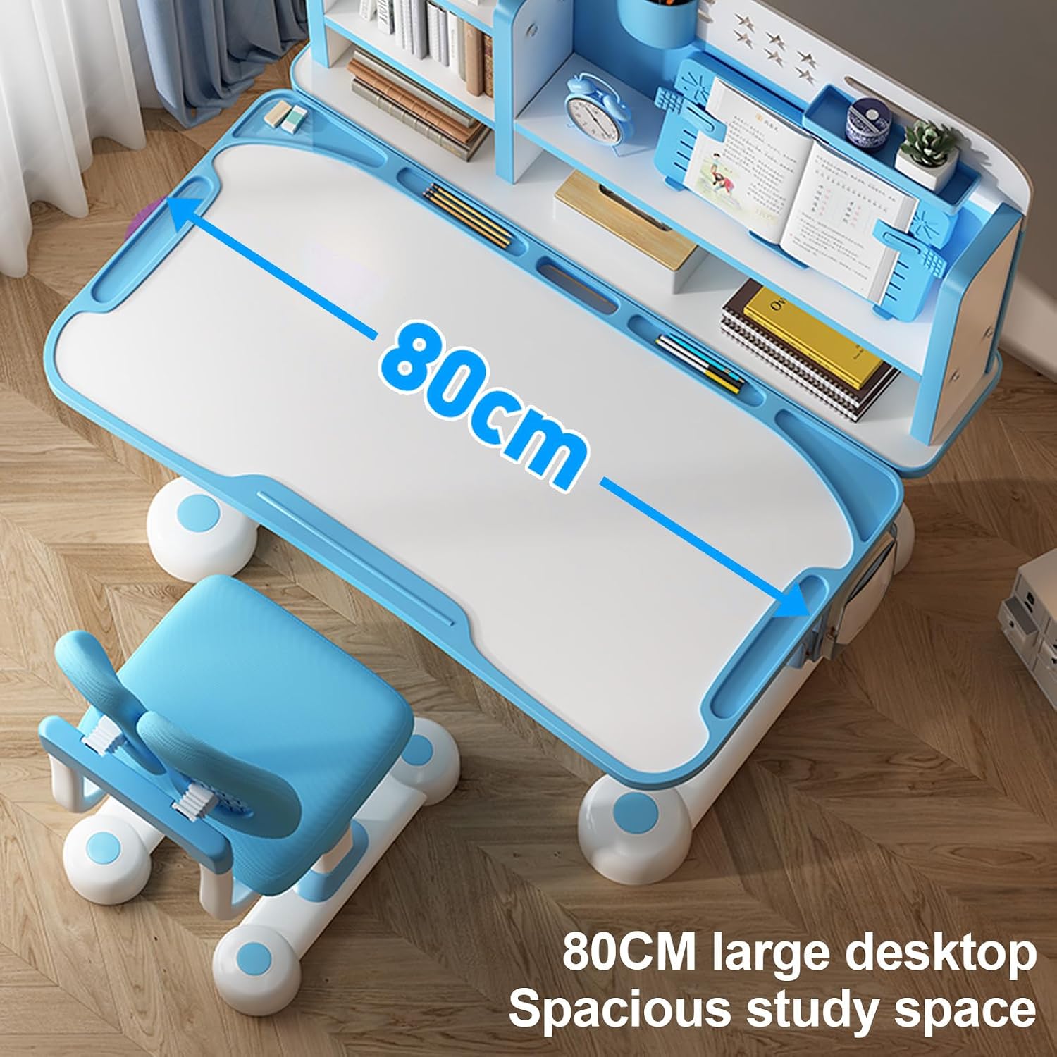 Kids Desk and Chair Set, Height Adjustable Kids Desk with Cartoon Pattern, Widened Tabletop, Tiltable Reading Stand, Back Support & Spine Protect, Prevent Myopia, for Boys & Girls 3+ (Blue1)