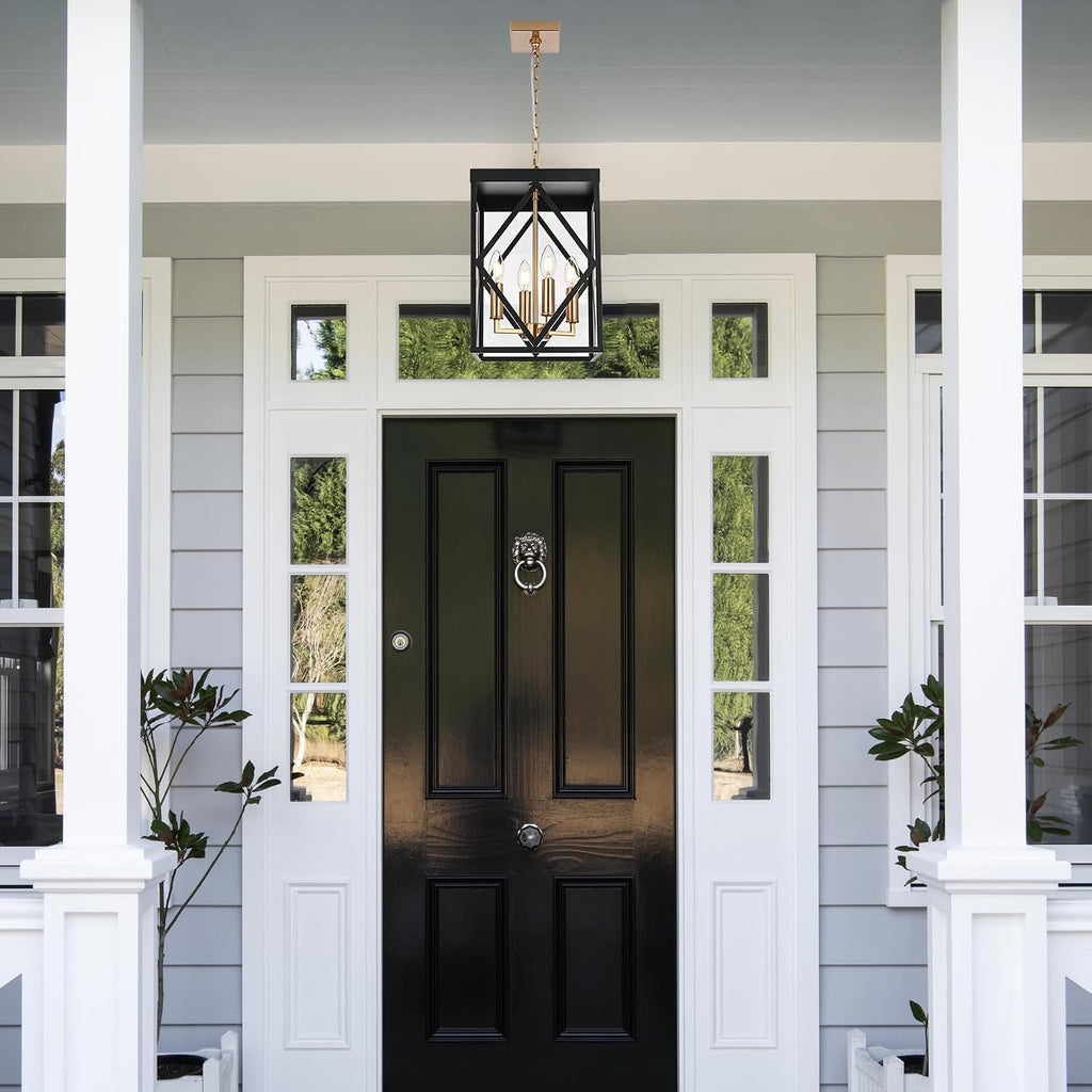 Outdoor Pendant Light for Porch, 4-Light Modern Metal Exterior Hanging Lantern Pendant Light Outside Chandelier Black with Clear Glass or Front Porch Entrance Foyer Entryway, Brass Socket