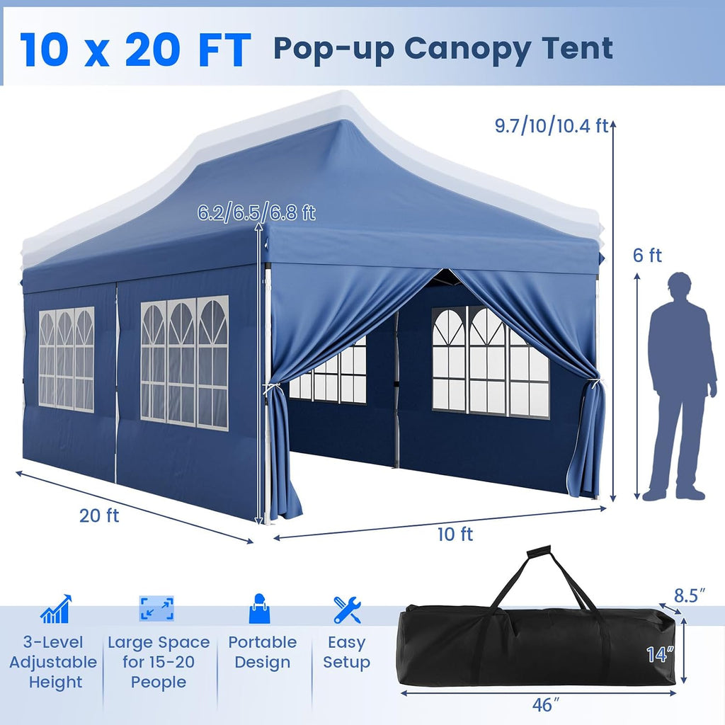 HAPPYGRILL 10x20FT Pop-up Canopy with Detachable Sidewalls, Instant Canopy Tent with Carrying Bag, UPF50+ Sun Protection, Easy Setup Gazebo for Outdoor Party Wedding, Blue