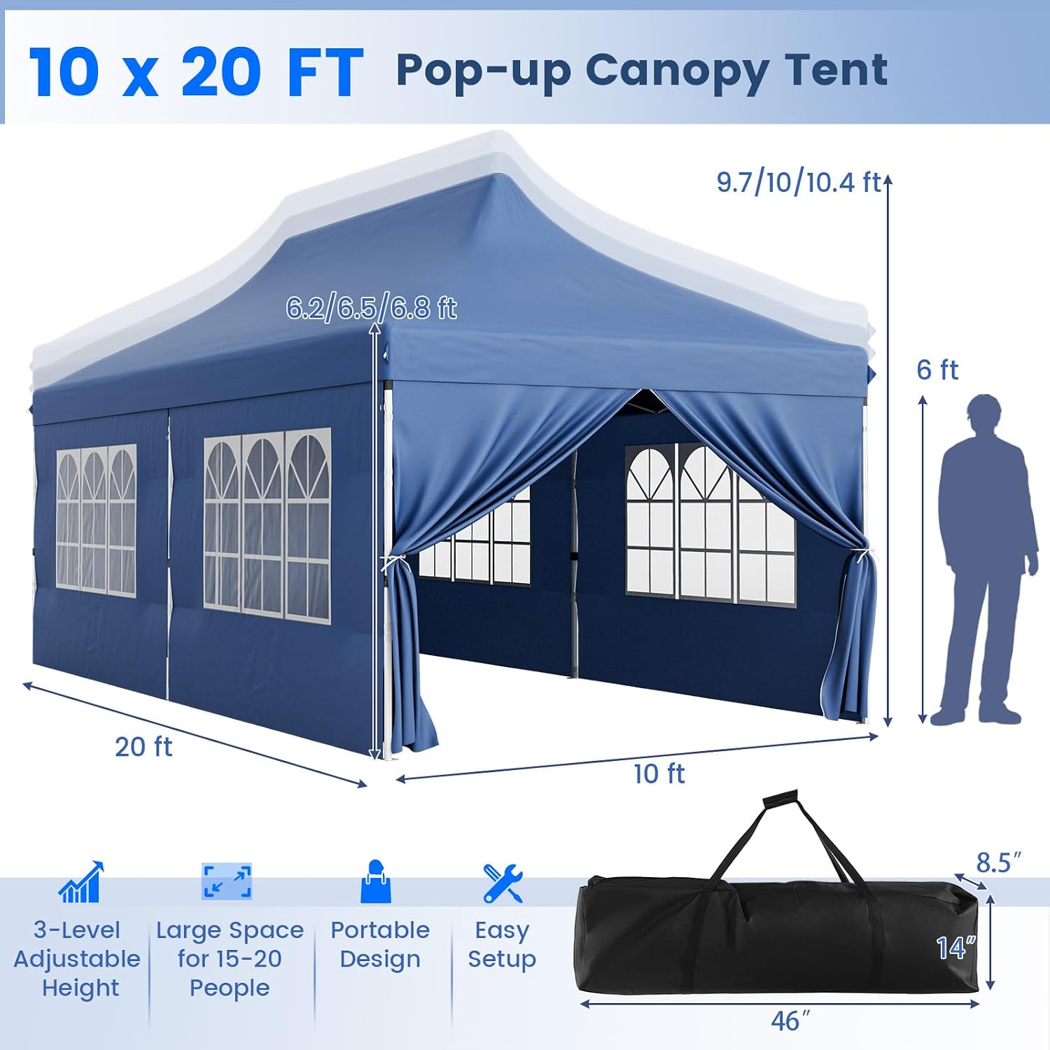 HAPPYGRILL 10x20FT Pop-up Canopy with Detachable Sidewalls, Instant Canopy Tent with Carrying Bag, UPF50+ Sun Protection, Easy Setup Gazebo for Outdoor Party Wedding, Blue